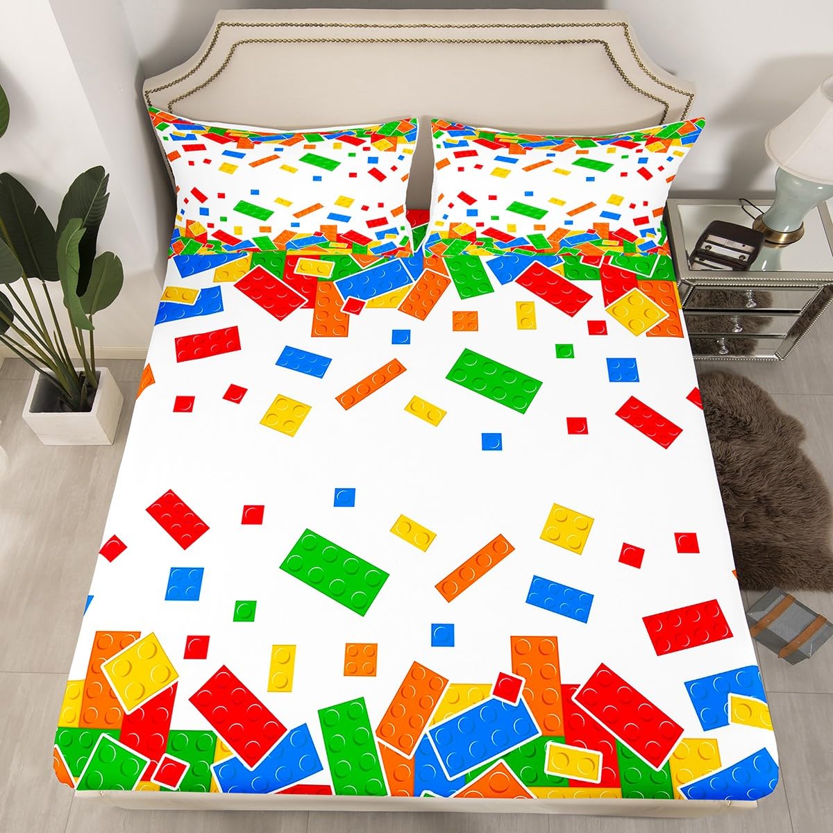 Cartoon Construction Bed Sheets King Size Kids Watercolor Building Blocks Bedding Sets 4Pcs for Child Boys Girls Room Decor, Brick Games Duvet Set with 1 Flat Sheet 2 Pillowcases
