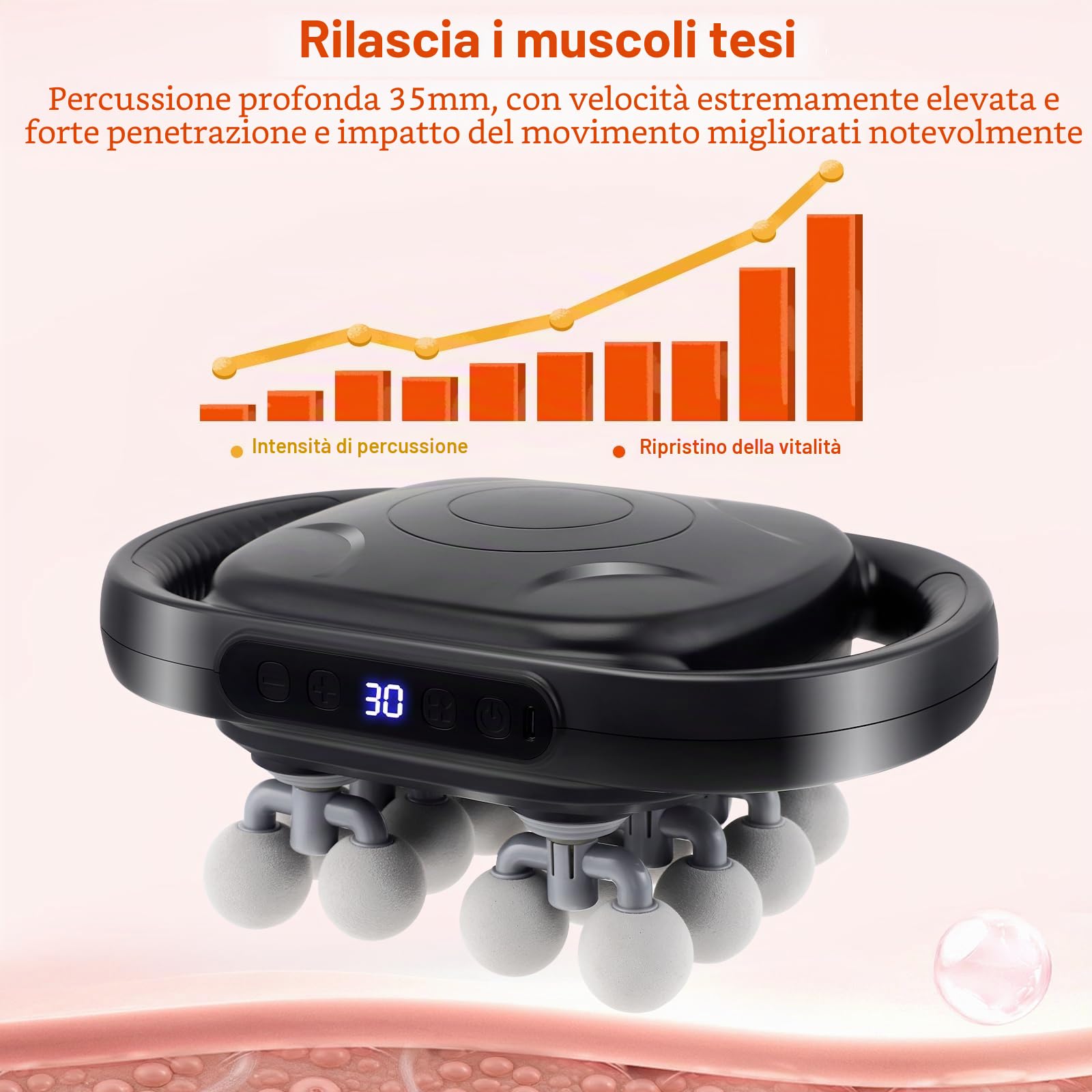 Pistola Massaggio Muscolare con Luce Rossa, 16 Teste Massaggiatore Muscolare Elettrico con 9 modalità e 30 velocità Regolabili, per Alleviare la Tensione Muscolare e L'affaticamento per Schiena Gambe