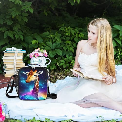 Miniatura 8 de Lonchera aislada con diseño de jirafa arcoíris y galaxia para niñas, niños y adolescentes, bonita lonchera reutilizable con correa para el hombro,
