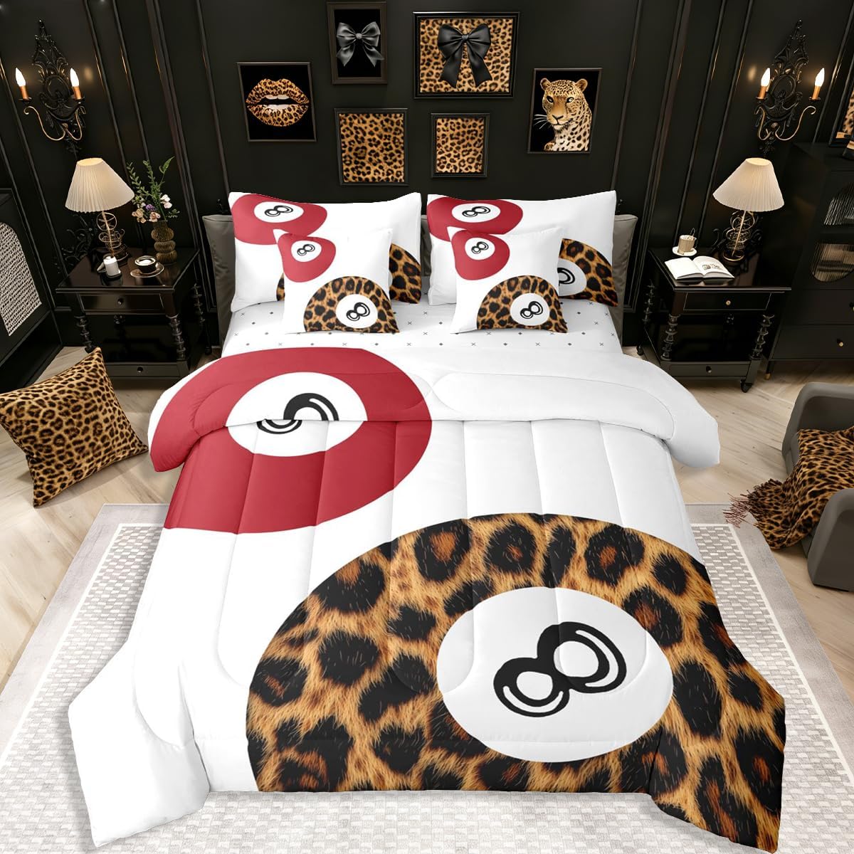Erosebridal Lucky 8 Ball Bedding Sets,Trendy Cheetah Comforter Set 7 Piece Bed in A Bag Queen Trendy Funky Preppy Comforter and Sheets White Red Brown Bed Set Fashion Coquette Room Decor Aesthetic