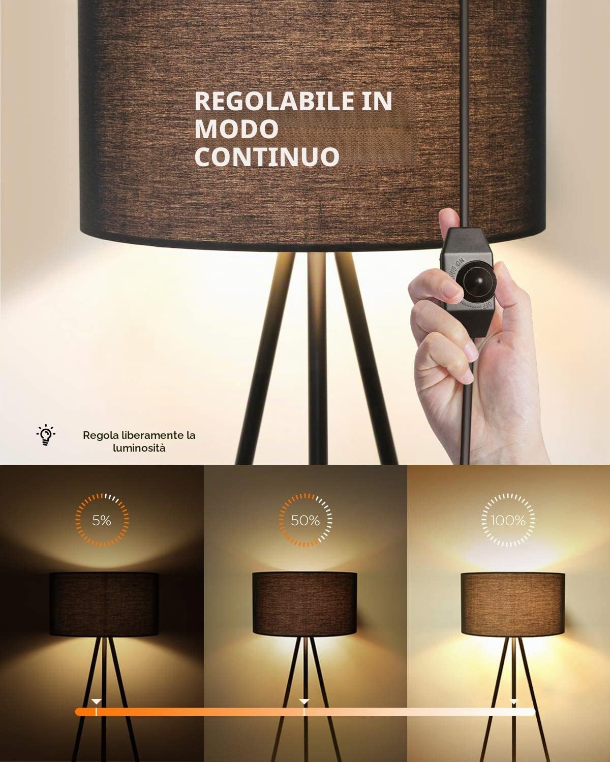 tomons Lampada da Terra LED Dimmerabile Contemporanea con Treppiede in Metallo, per Soggiorno e Camera da Letto, Stile Scandinavo - Nero