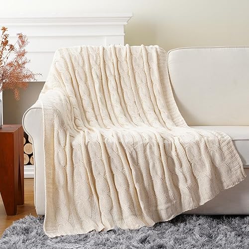 Miniatura 4 de Manta tejida de lana doble Battilo suave 50 x 60pulgadas Crema 50 x 60