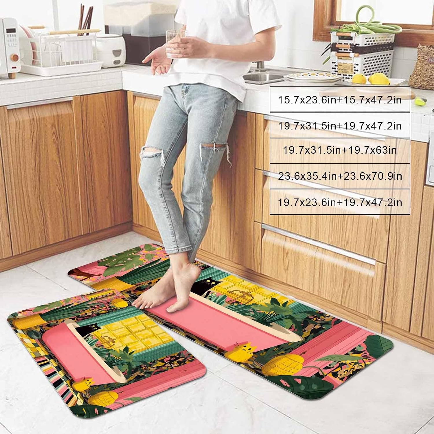Prime Leader Black Cat Kitchen Mat Set 2 Pieces Pink Bathtub Green Leaf Whimsical Style Modern Non Slip Kitchen Rugs Washable Runner Rug Mats for Floor Sink Laundry Office 15.7" x 23.6"+15.7" x 47.2"