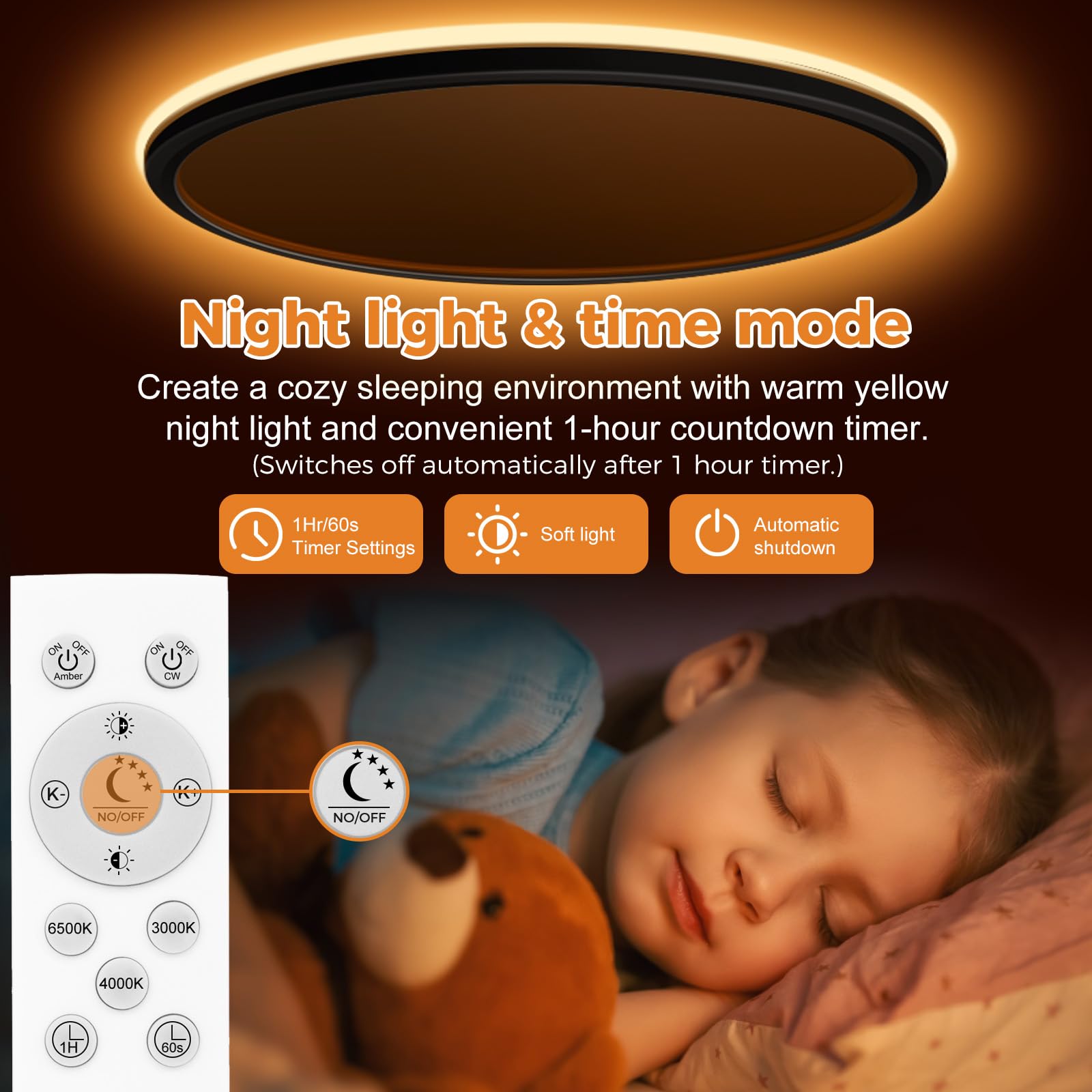 slochi Plafonnier LED Dimmable, Lampe de Plafond 36W 4200LM avec Télécommande, 1800K Veilleuse de Couleur Chaude, 3000K-6500K Luminaire Plafonnier Rond pour Salon, Chambres d'enfantsØ40CM-Noir