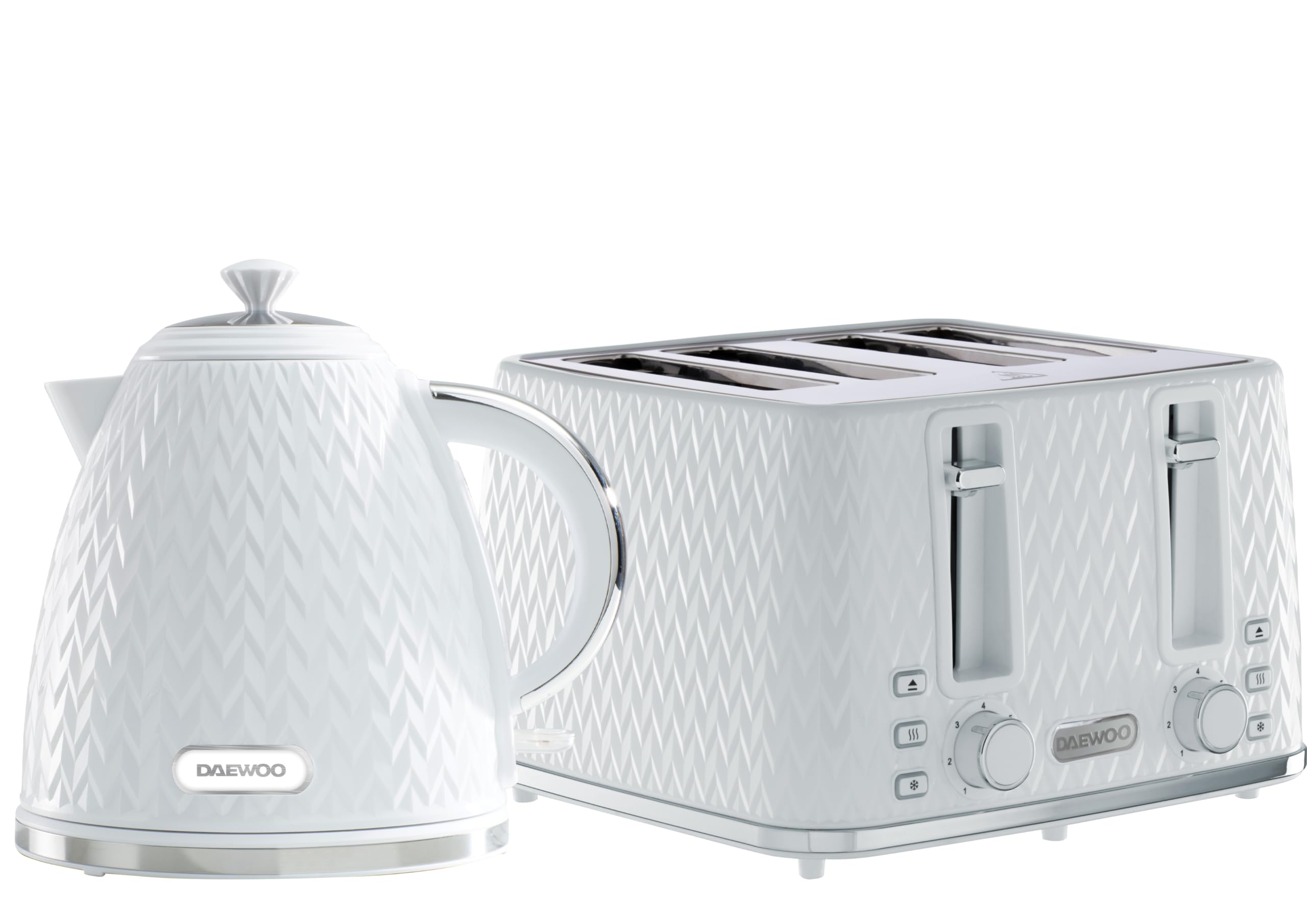Daewoo Argyle Jug Kettle & 4 Slice Toaster Set, 1.7L 3KW Rapid Boil Stylish Textured Design, Removable Filter, Reheat & Defrost Functions, Perfect for Modern Kitchens, White — image 1