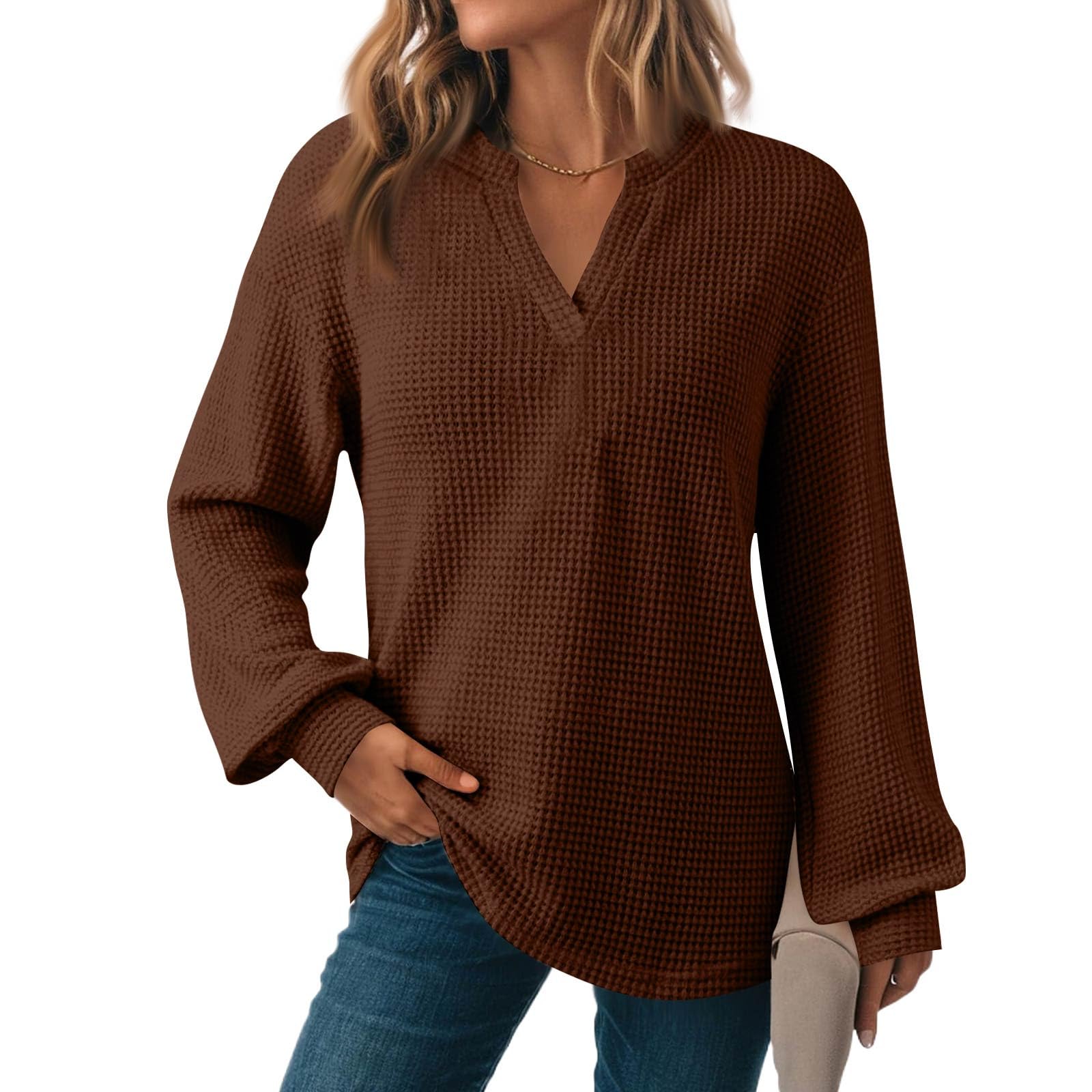 Womens Fall Tops Casual Waffle Knit V Neck Puff Long Sleeve Shirts Cute Loose Fit Lightweight Tunic Blouses