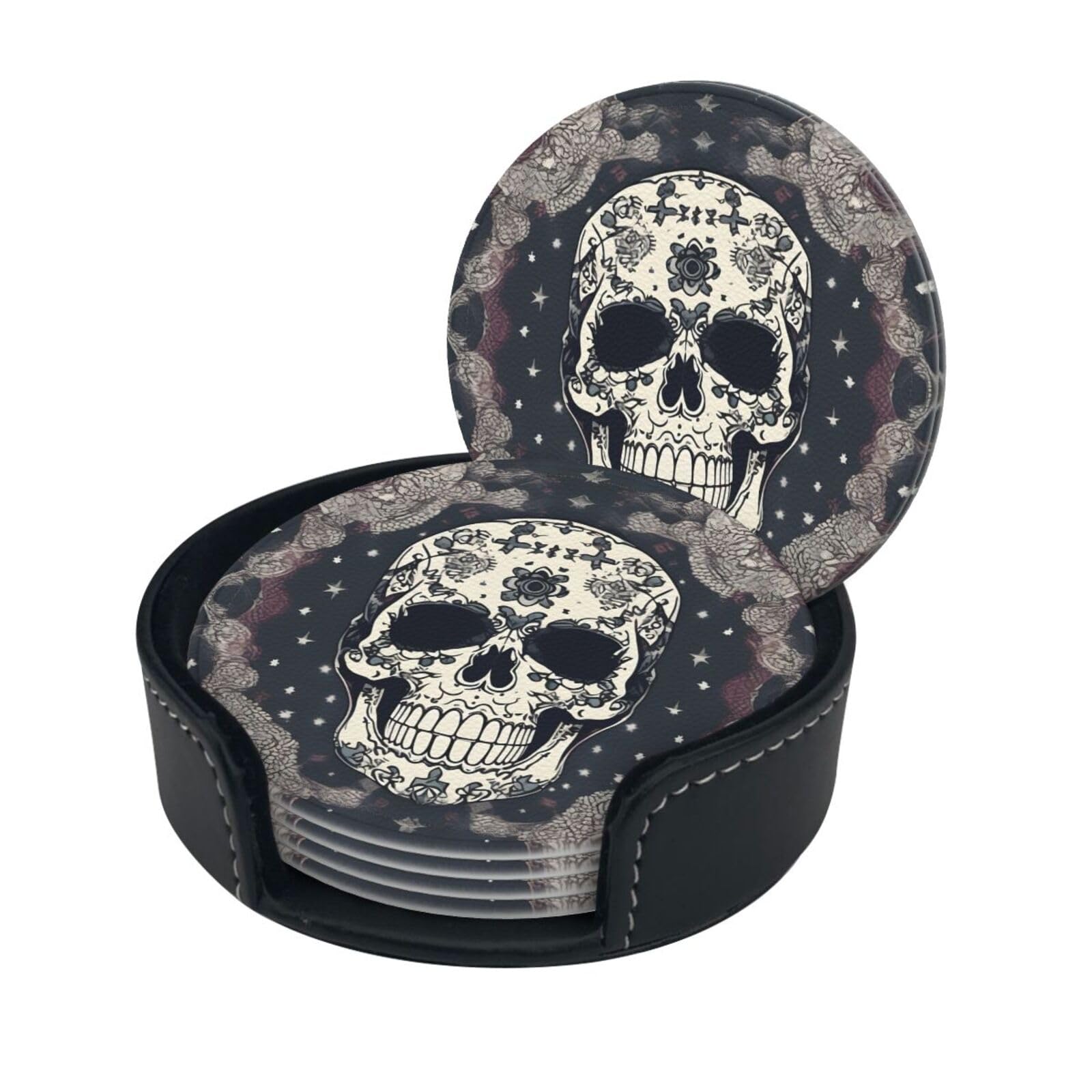 Lot De 6 Dessous De Verre Ronds En Cuir Avec Support Motif Tête De