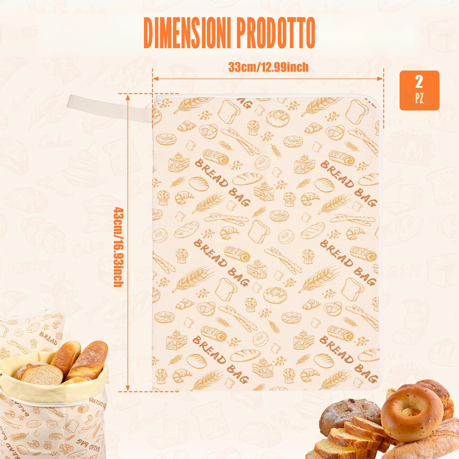 2 Pezzi di Sacchetti per Pane in Cera d'Api 43cm×33cm, Sacchetto per Pane Riutilizzabile con Chiusura a Cerniera e Manico, Sacchetti per Pane in Cera d'Api Naturale