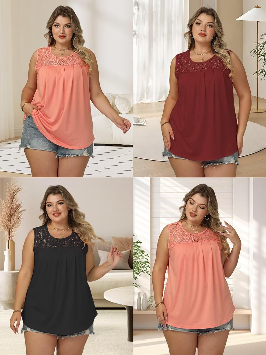 VISLILY Womens-Plus-Size-Tank-Tops 2025 Casual Loose Fit Sleeveless T Shirts Flowy Pleated Lace Tunics Cute Blouses XL-5XL - Image 5