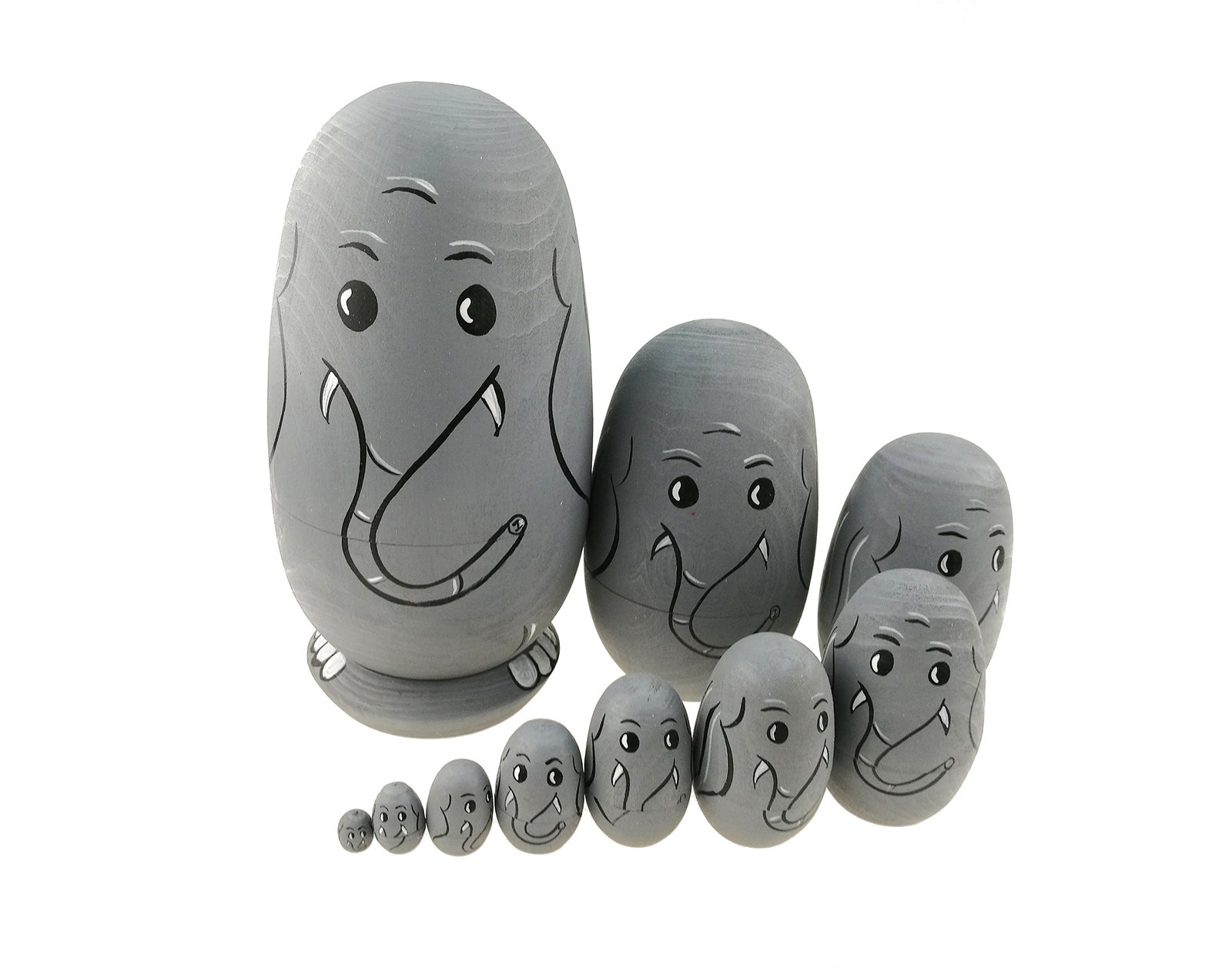 WinterwormSet of 10 Animal Theme Elephant Stacking Toy Easter Egg Nesting Doll Handmade Wooden for Kids Gift