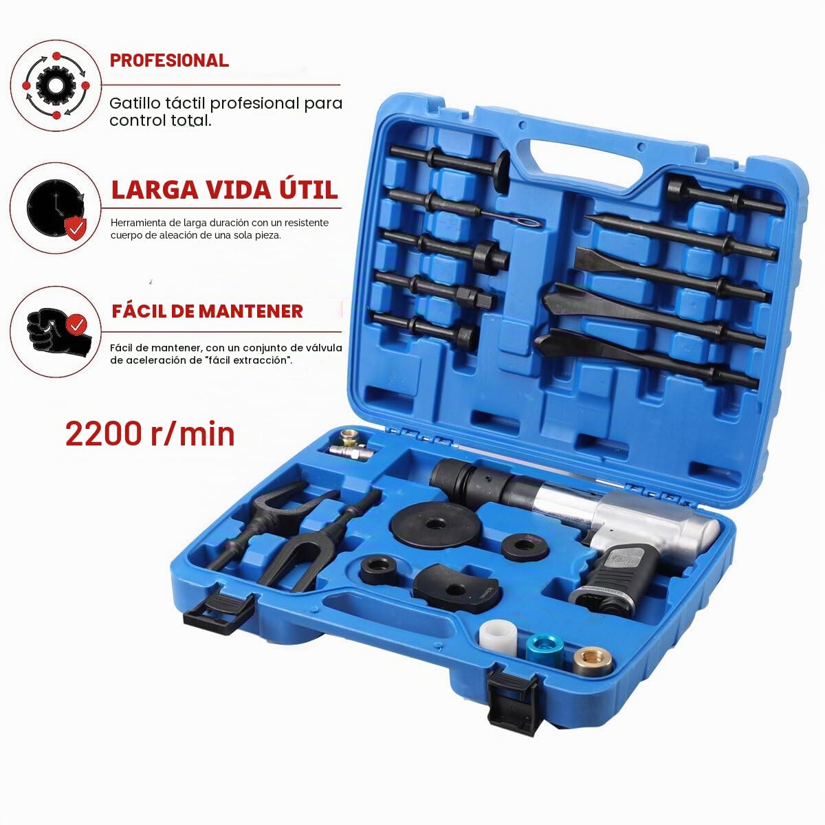 Vibro Juego de martillo cincelador, 15 piezas, martillo de impacto con cincel, 2200 rpm, portabrocas rápido, amortiguación retroceso