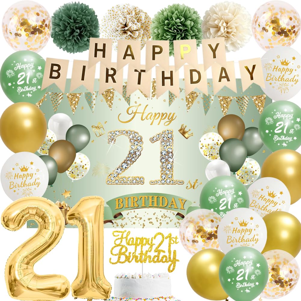 21st Birthday Decorations Women Men - Sage Green Gold Happy 21st Birthday Banner Bunting Cake Topper Number Balloons Pom Pom Flowers Latex Balloons Decor For Her Him 21 Year Old Party Supplies