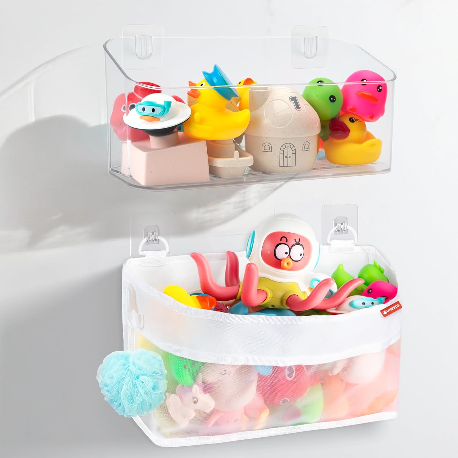 UNEEDE 2 Pack Bath Toy Storage Organizer Plastic Nylon Bath Toy Holder for Bathroom Quick Dry Mesh Shower