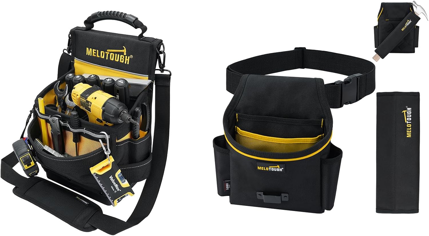 MELOTOUGH Electrician Tool Pouch Bag with Padded Shoulder Strap, Tool Belt Pouches with Detachable Hammer Holster for Electrician, Carpenter, Construction (Yellow)