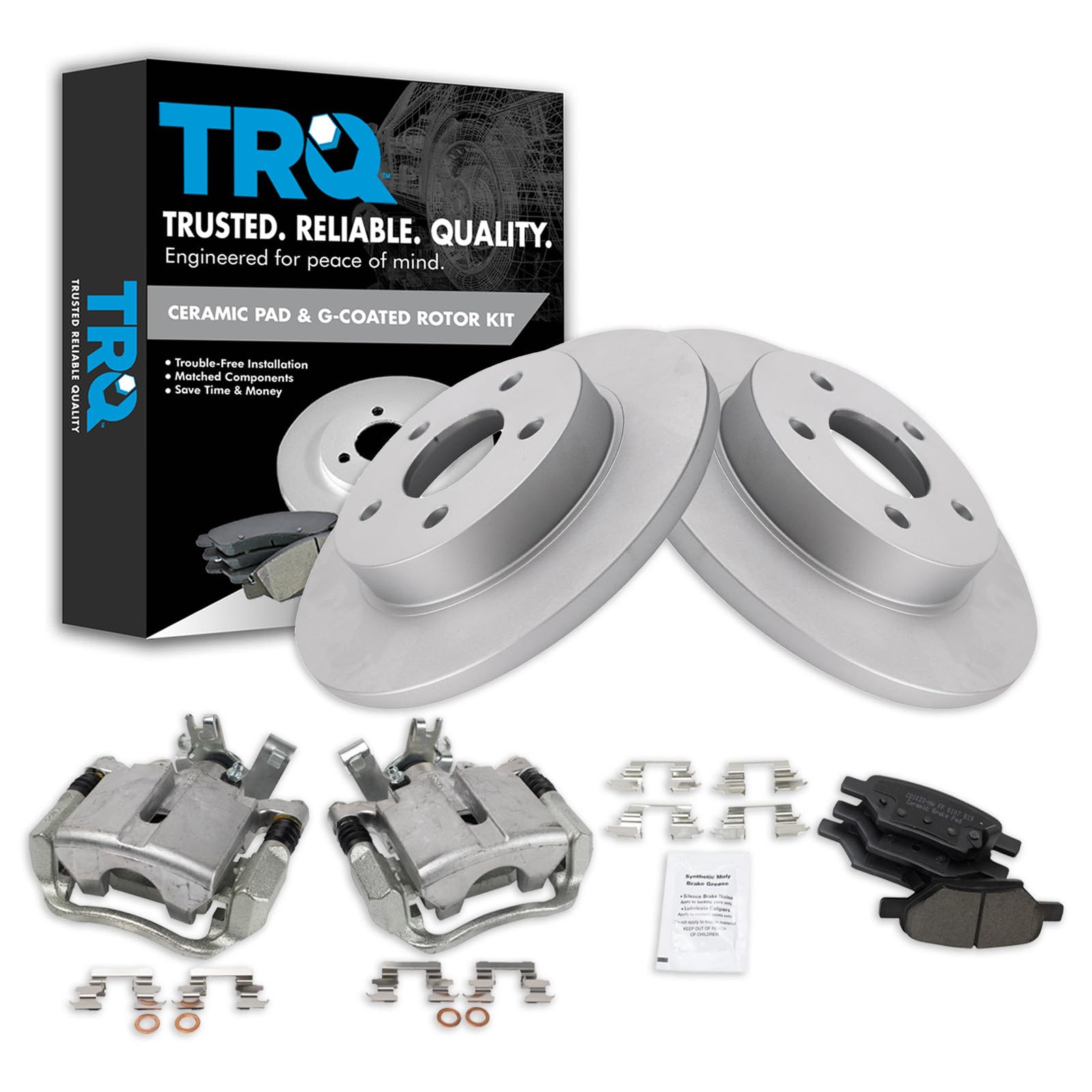 TRQ Rear Brake Pad and Rotor Set Ceramic G Coated Rotors Calipers