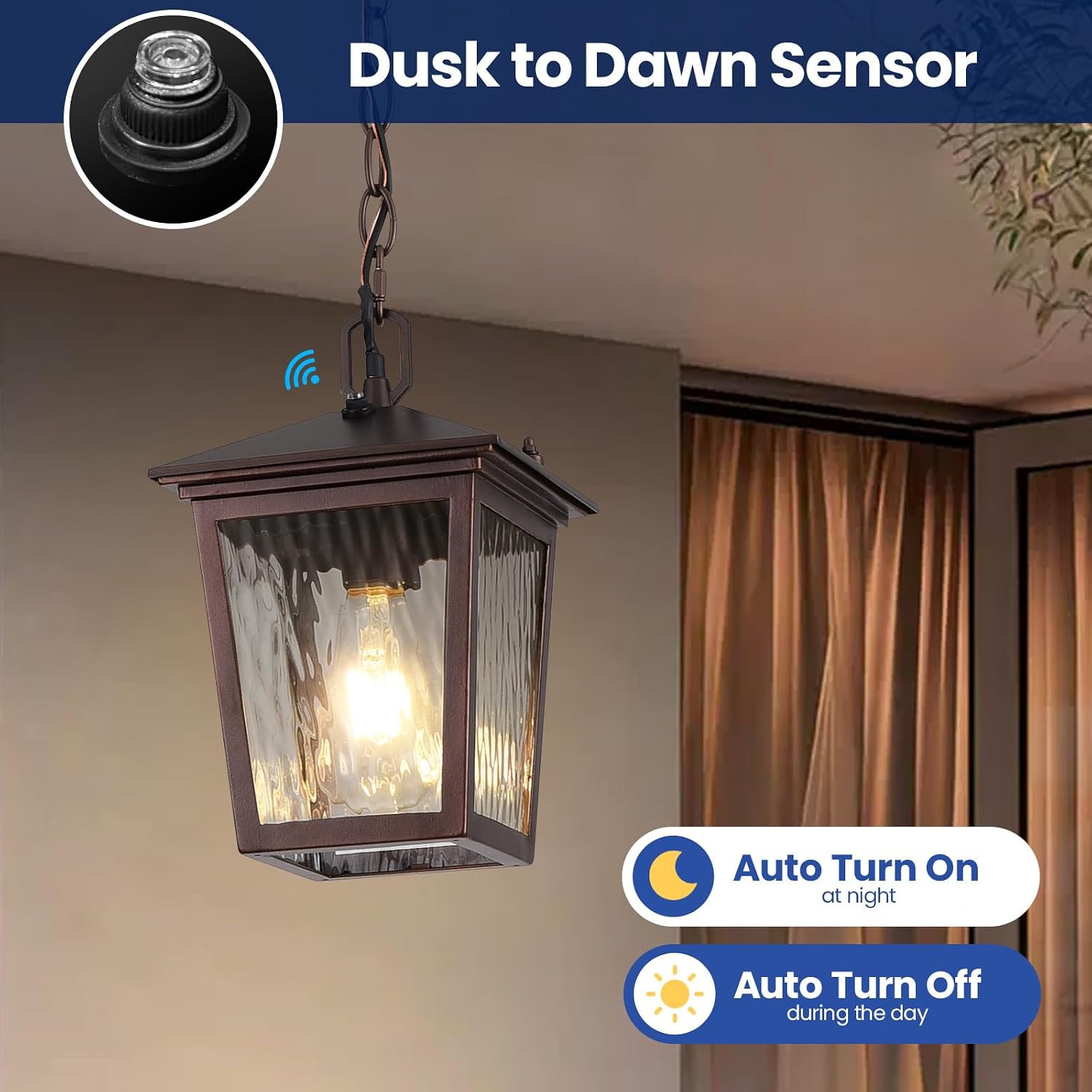 Outdoor Pendant Light, Brown Outdoor Porch Light fixtures with Dusk to Dawn Sensor, Coffee Exterior Hanging Lantern Height Adjustable Outside Chandelier with Water Glass for House Patio Garage