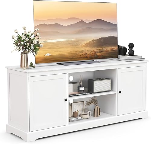 Tangkula Soporte de TV blanco para televisores de hasta 65 pulgadas, centro de entretenimiento en el hogar con 2 gabinetes de almacenamiento y