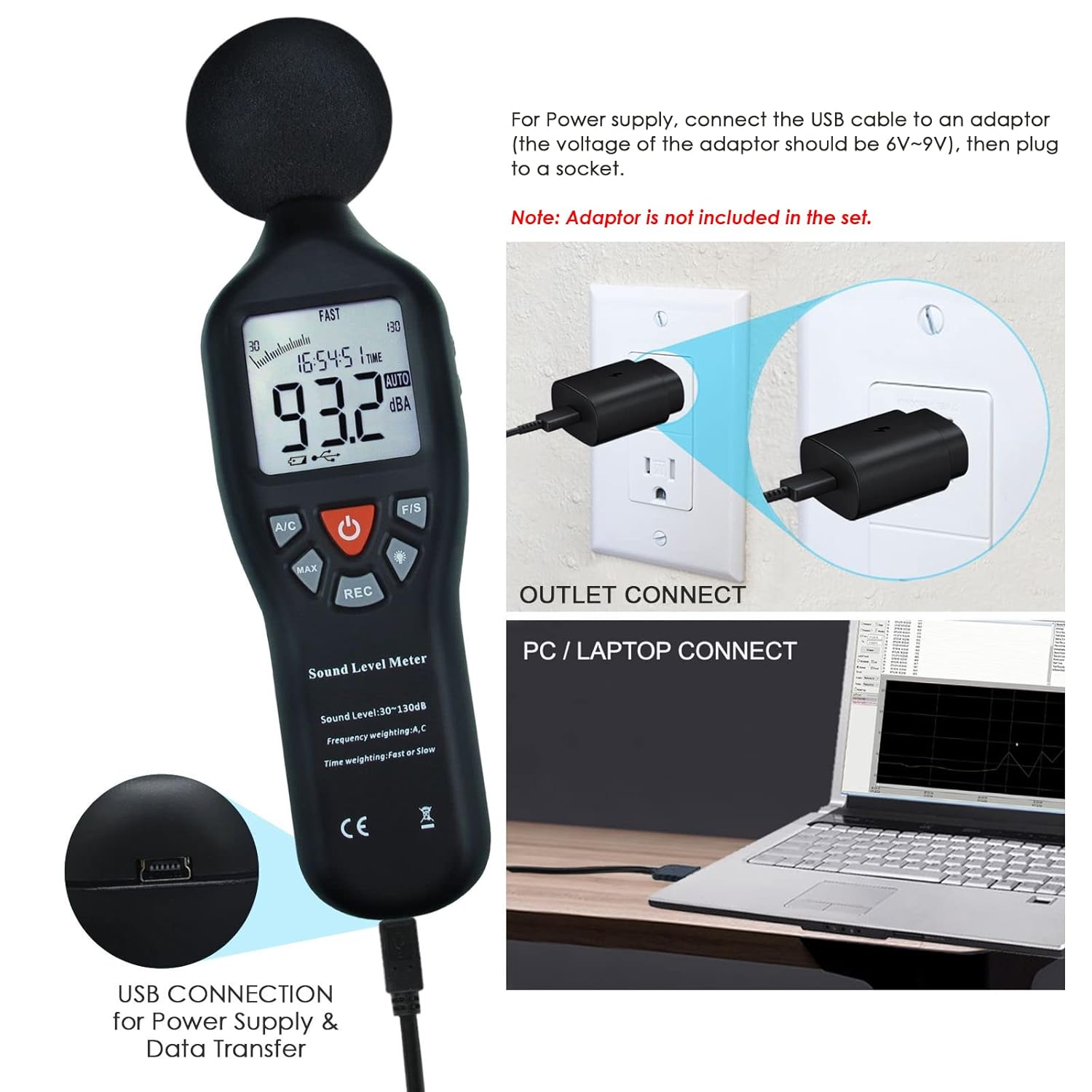 Decibel Meter Sound Level Meter Data Logger with CD Software Audio Decibel Noise Measure Tester 30 – 130 dB Audio Noise Measuring Range with Backlit LCD Display, Data Record Function
