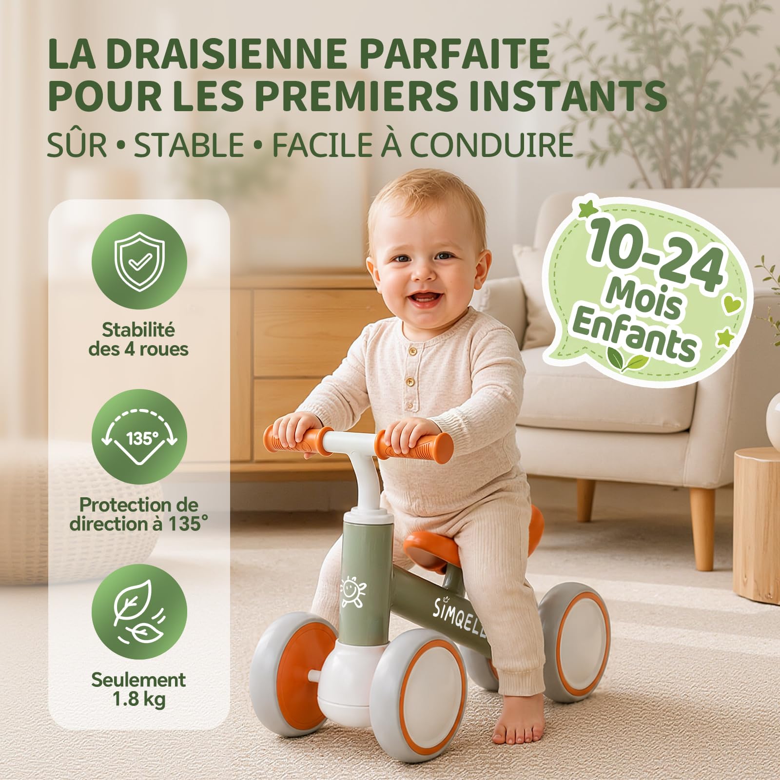 Draisienne Bebe 1 an, Jouet Enfant pour 10-24 Mois, Vélo sans Pédales, Porteur Enfant 1 an, 4 Roues Vélo d'équilibre pour Garçons et Filles, Premier Cadeau Bébé Anniversaire Noel