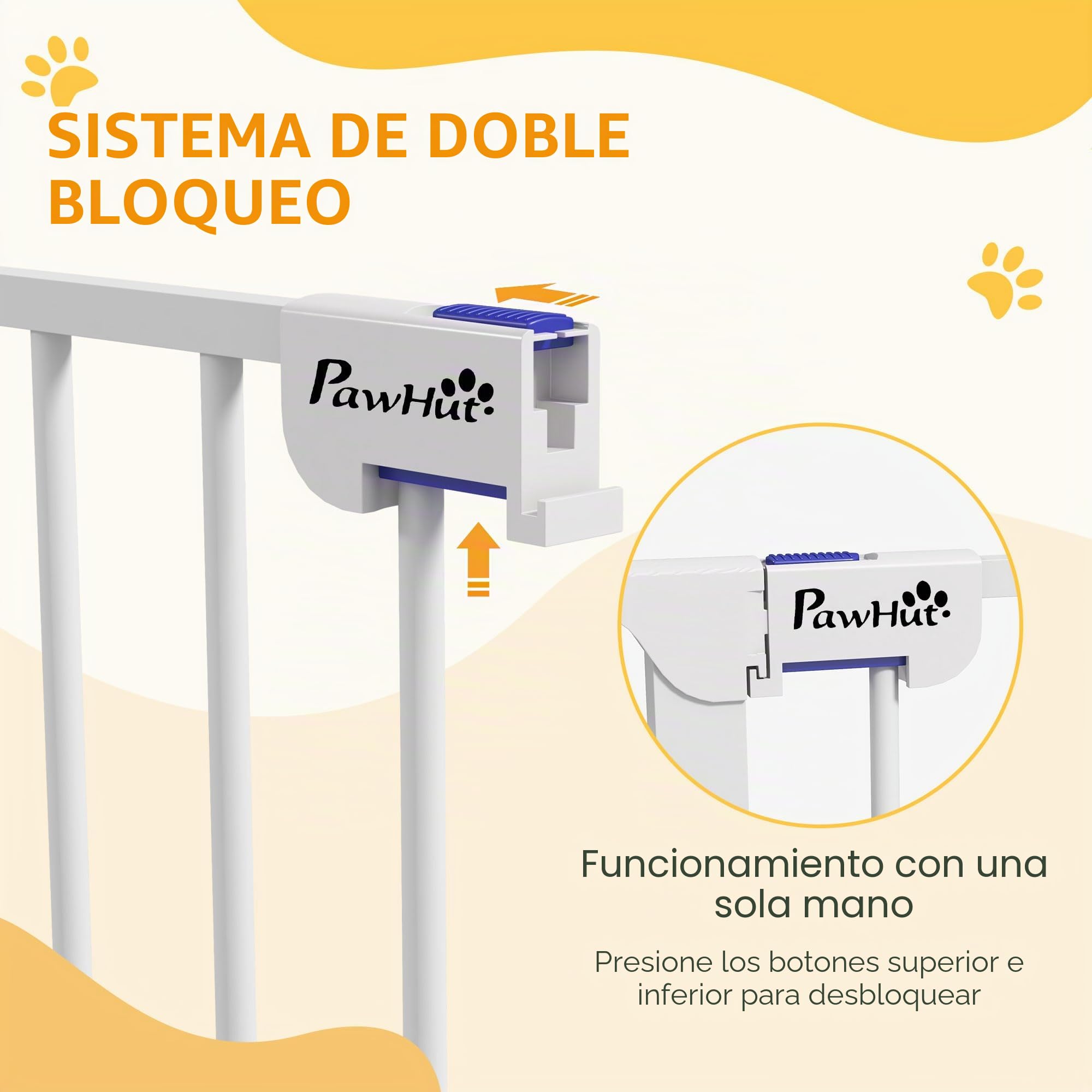 PawHut - Barrera de seguridad para perros de acero con 3 paneles plegables con doble cerradura y puerta integrada para puerta y escalera, 206 x 120 cm, color blanco