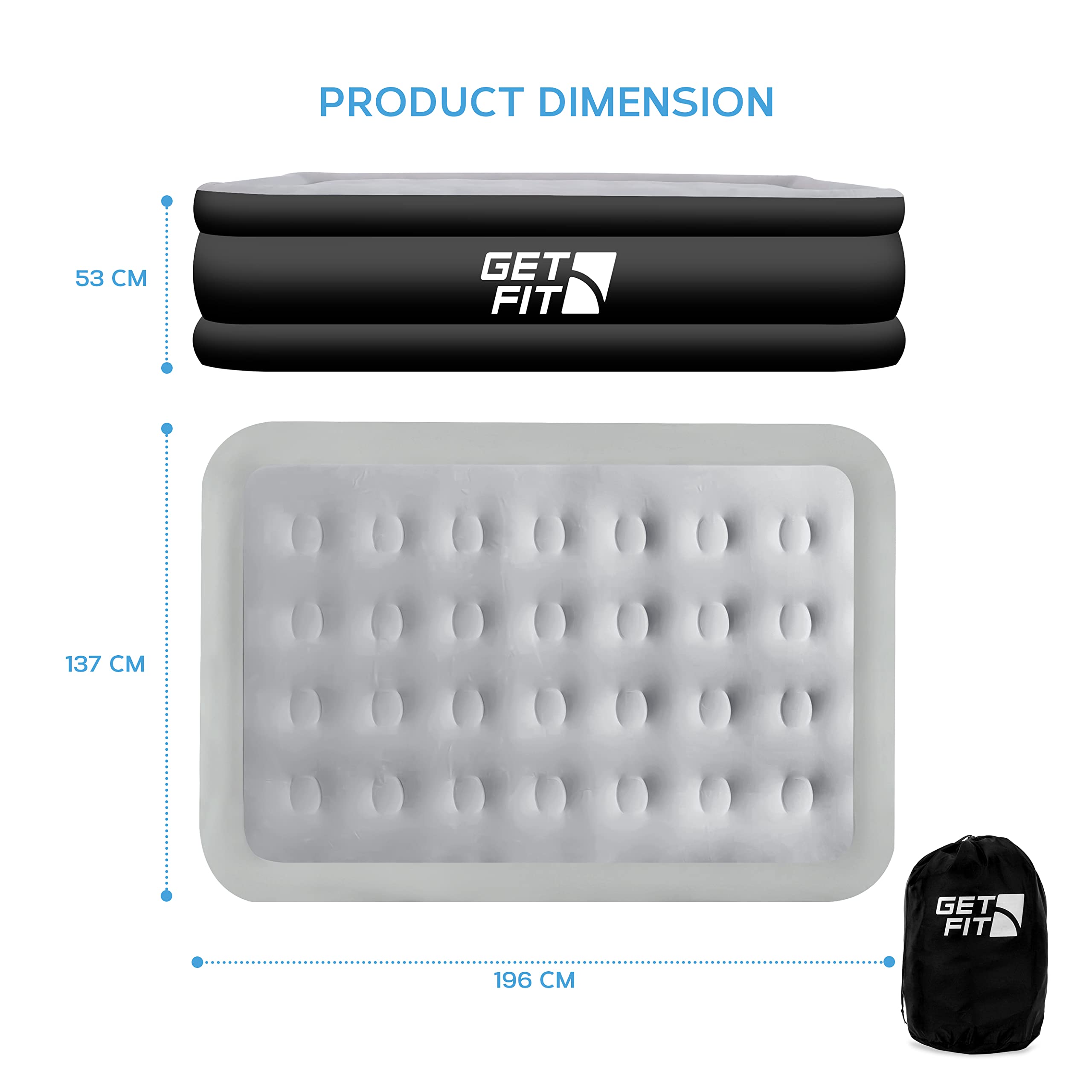 Get Fit Air Bed with Built In Electric Pump - Premium Double Size - Blow Up Bed with 2 x Free Pillows - Elevated Inflatable Air Mattress for Outdoor, Camping, Tents - Black/Grey