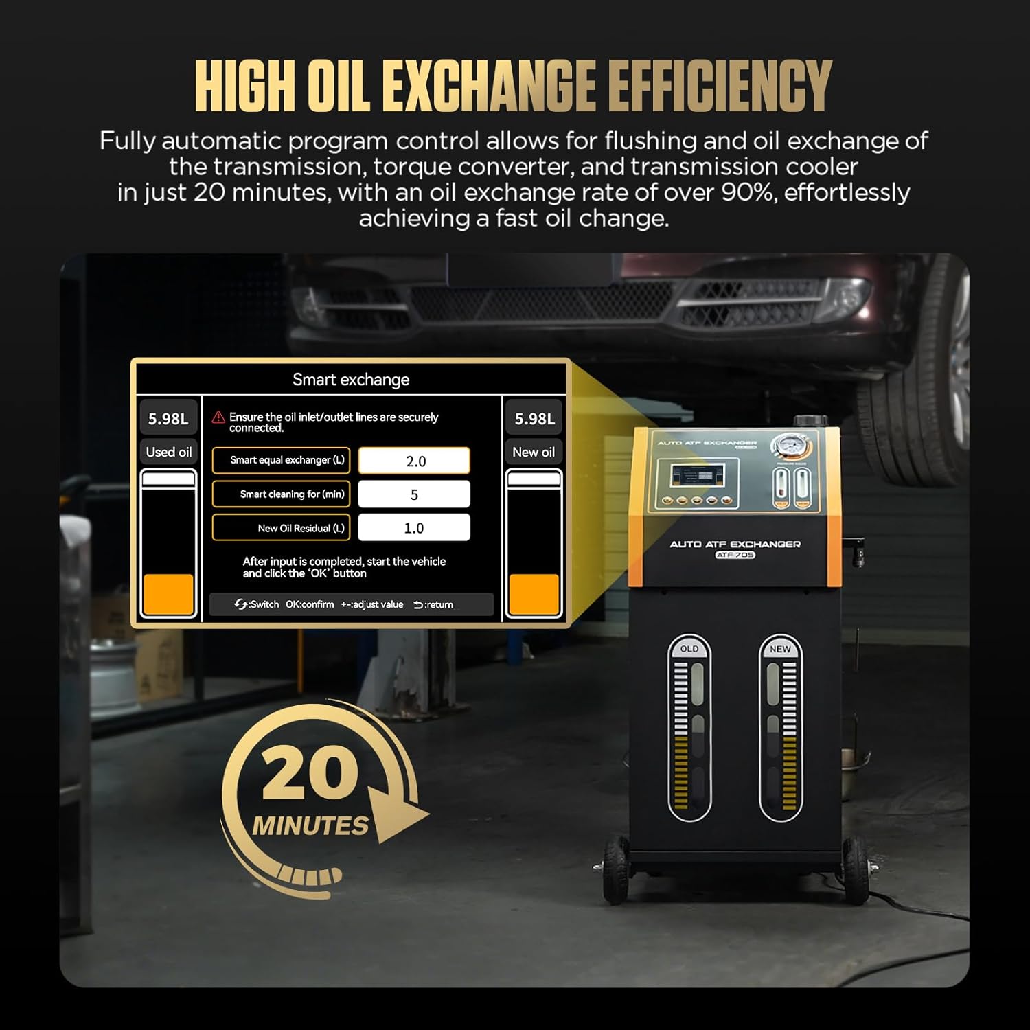 ATF705 Full Automatic Transmission Fluid Exchanger Machine, Professional ATF Changer with 5" Touchscreen,20-Min Quick Flush, Smart Oil Direction Recognition, 90%+ Efficiency,For All Auto Transmissions