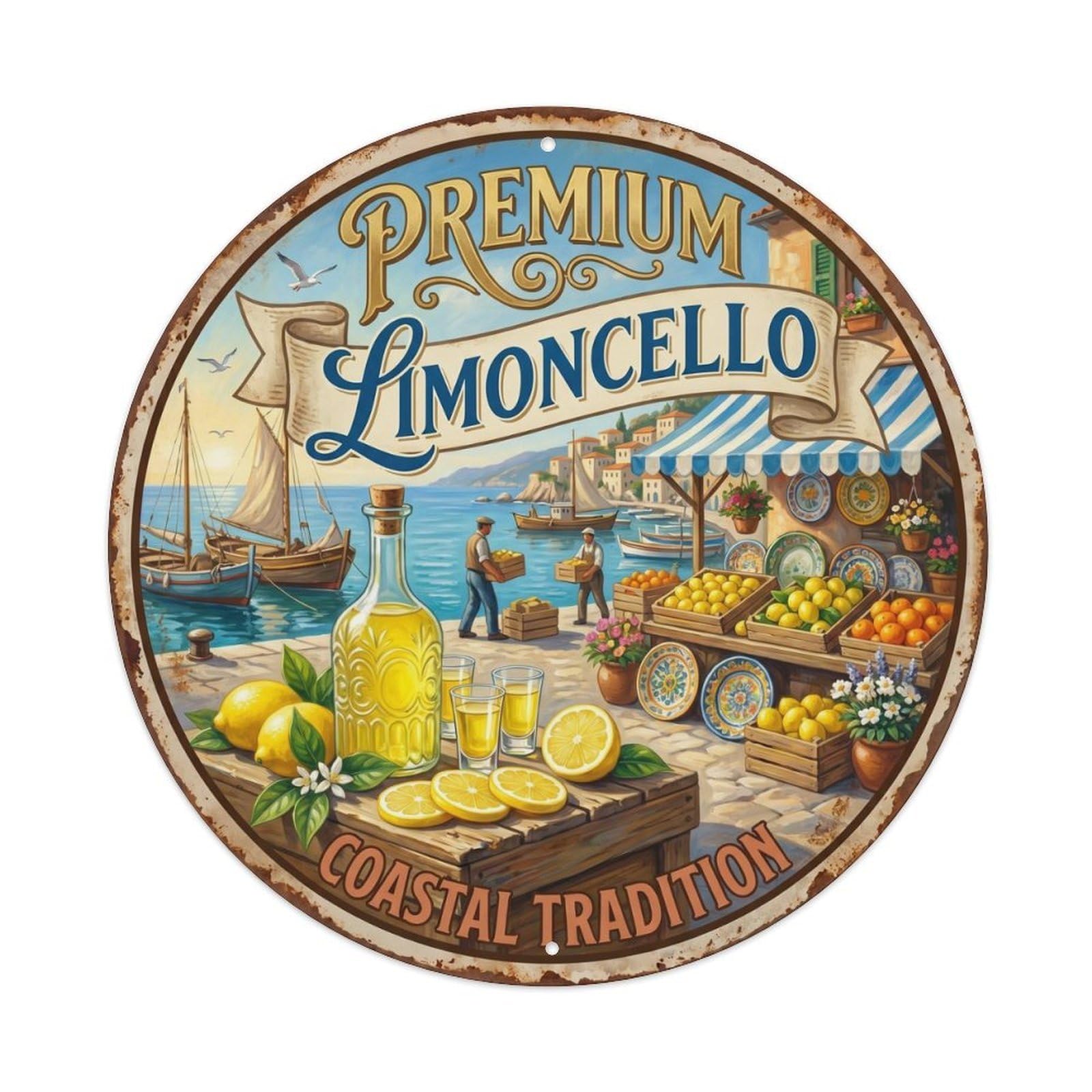 Fqcyn Style Handcrafted Limoncello Digestif Metal Tin Sign Plaque Wall Decor For Cafe, Club Bar, Office, Home Garden Round Metal Poster 8X8inch