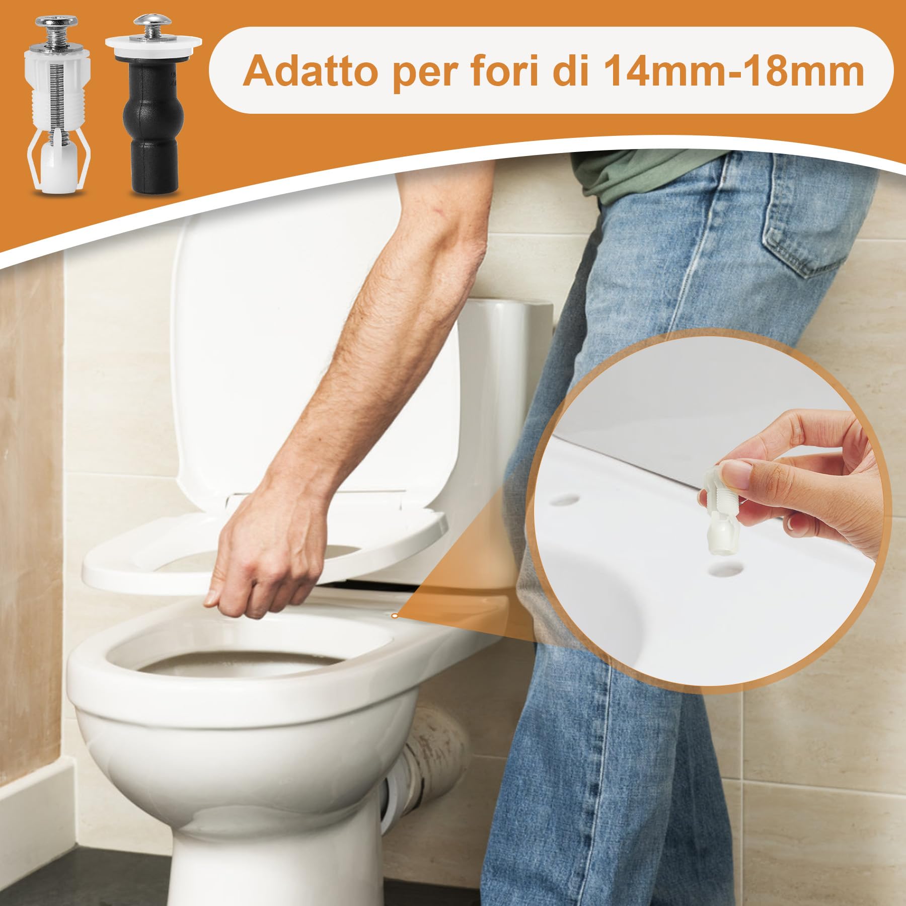 8 Pezzi Kit Fissaggio Universale per Sedile WC, Viti per Tavoletta WC con Gomma Espandibile e Acciaio Inox 304, Set di Ricambio per Cerniere Copriwater, Adatto per Fori 14-18mm