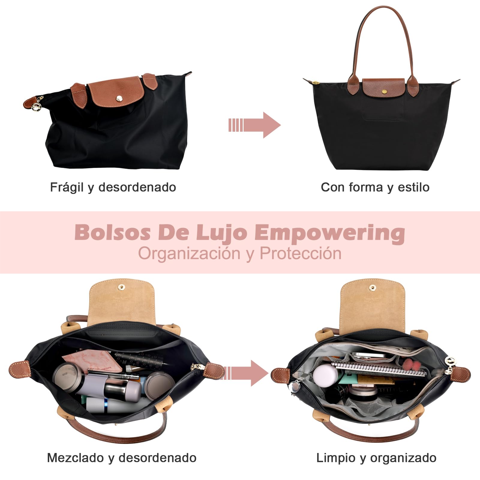 GADITIEK Organizador Bolsos, Organizador De Bolsos Poliéster con Llavero, Organizador Bolsos De Mujer para Bolsos Longchamp Le Pliage l,y Más... Tote Bag Organizer (Beige, L)