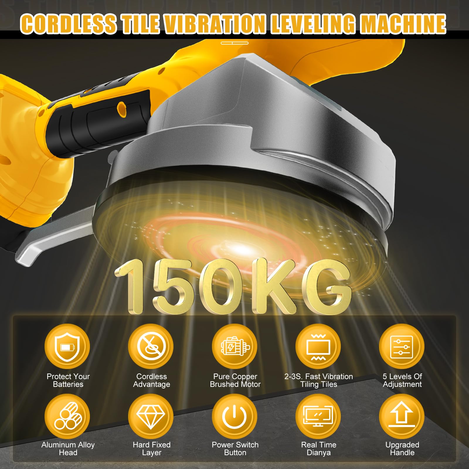 WingFly Fliesenrüttler für Dewalt 18V,20v Batterie, Fliesen Vibrationsgerät, Elektrische Fliesenvibrator 13 mm Saugnapf 6 Gänge Einstellbar 100kg Adsorption für 30-240cm Fliesen (Ohne Akku)
