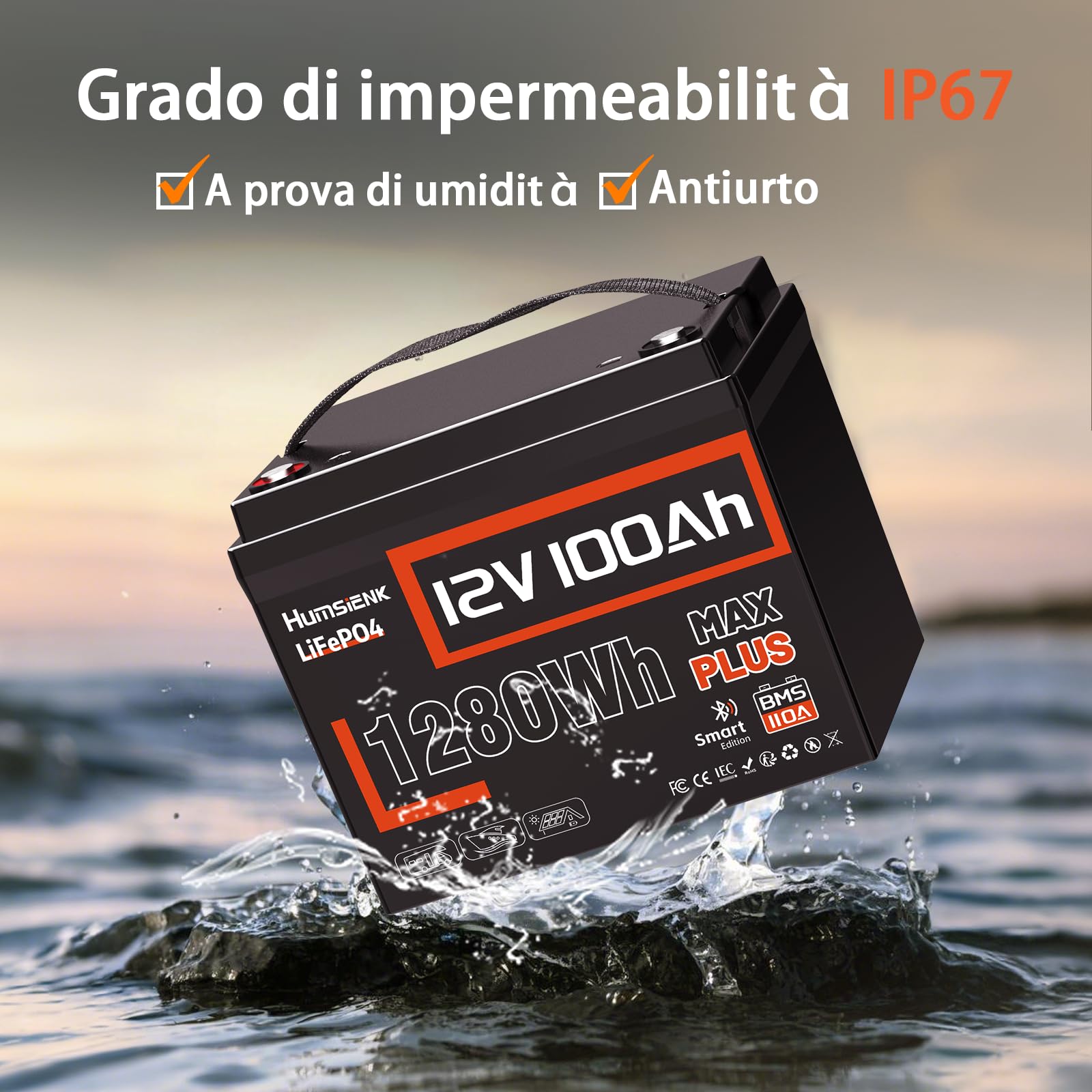 Humsienk LiFePO4 Bluetooth 12V 100Ah con caricabatterie 14.6V 20 A, batteria al litio 12 V 100 AH con protezione BMS a bassa temperatura per camper, barca, off-grid