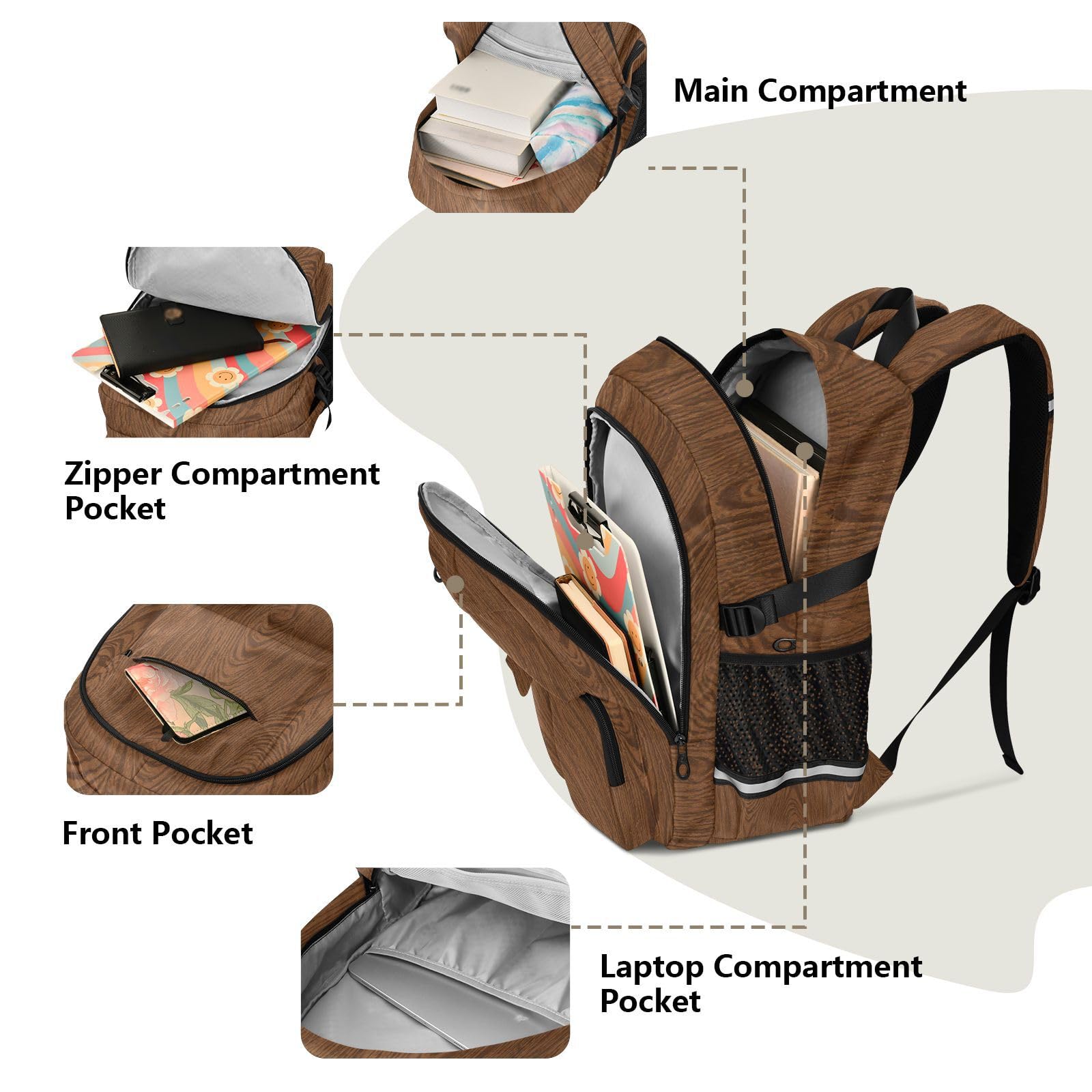 Sac à dos de voyage pour homme - Grain de bois marron - Vintage - Pour le travail, l'école, l'école - 44,5 cm - Sac à dos léger et décontracté