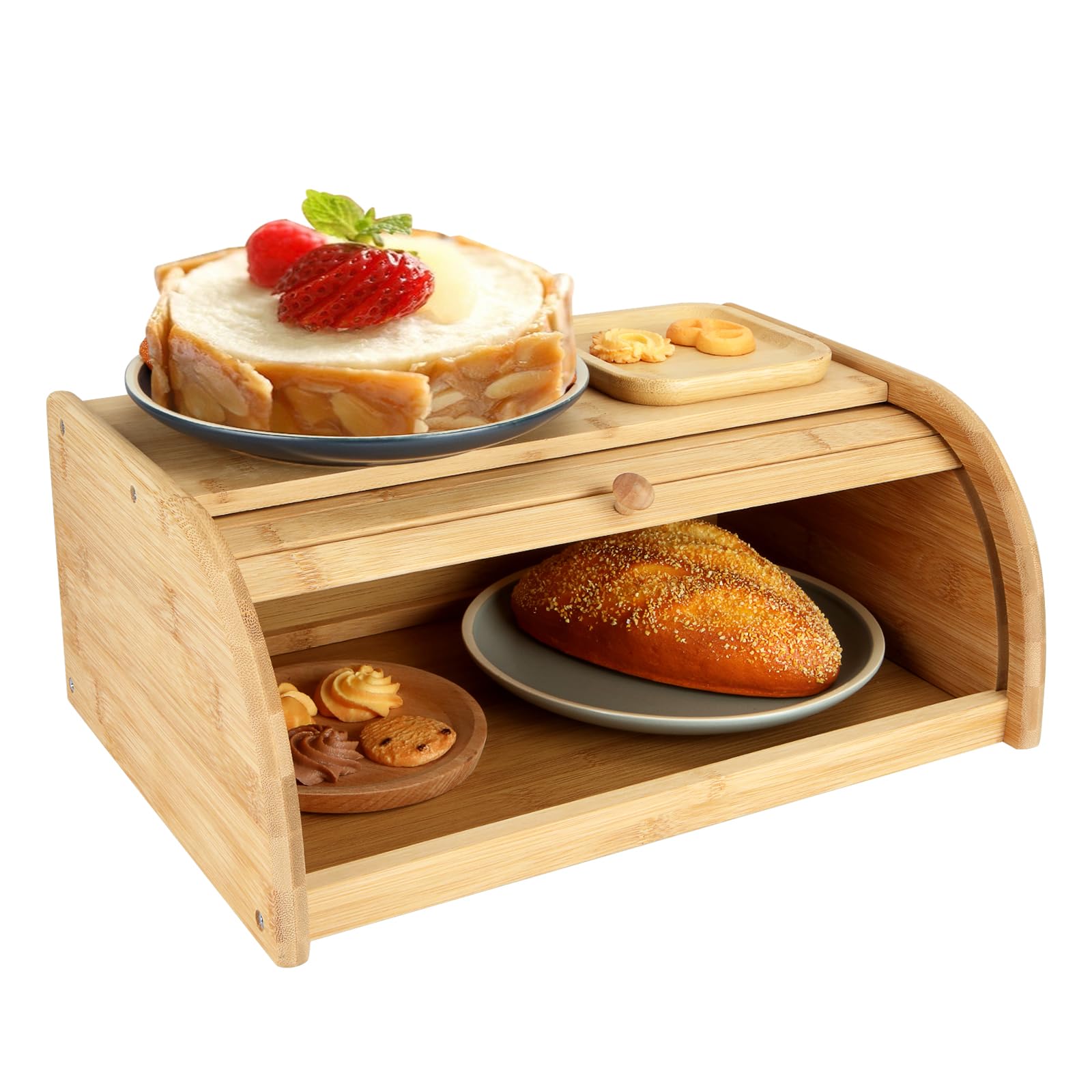 Contenitore per il pane in legno di bambù, 40 x 27 x 16,5 cm, contenitore per il pane in legno con coperchio arrotolabile, contenitore per pane sul piano di lavoro, portapane da cucina