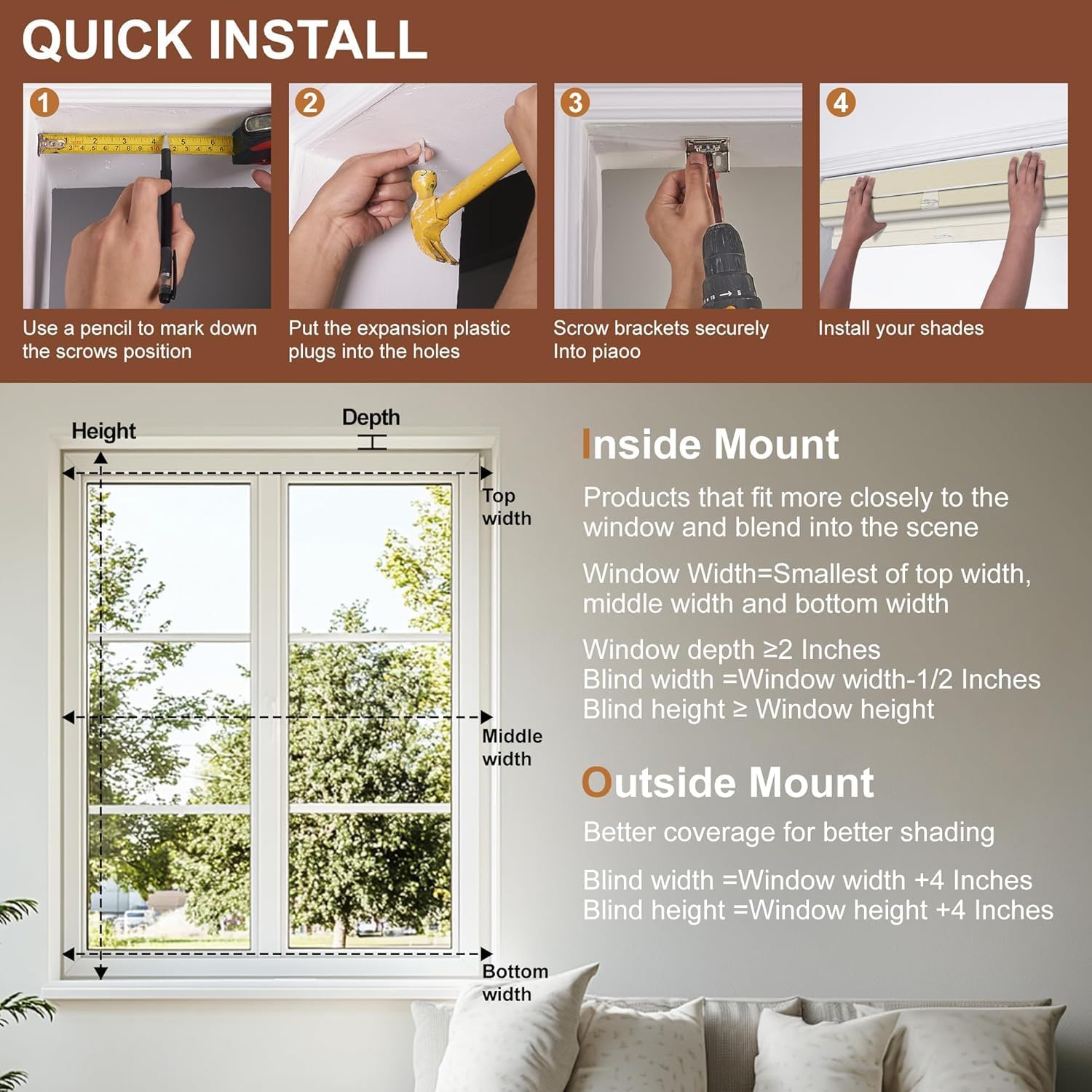 Cordless Top-Down Bottom-up Blackout Shades for Windows, No Drill Easy Installation, Custom Size Blinds for Living Room, Bedroom & Office, Stylish & Functional
