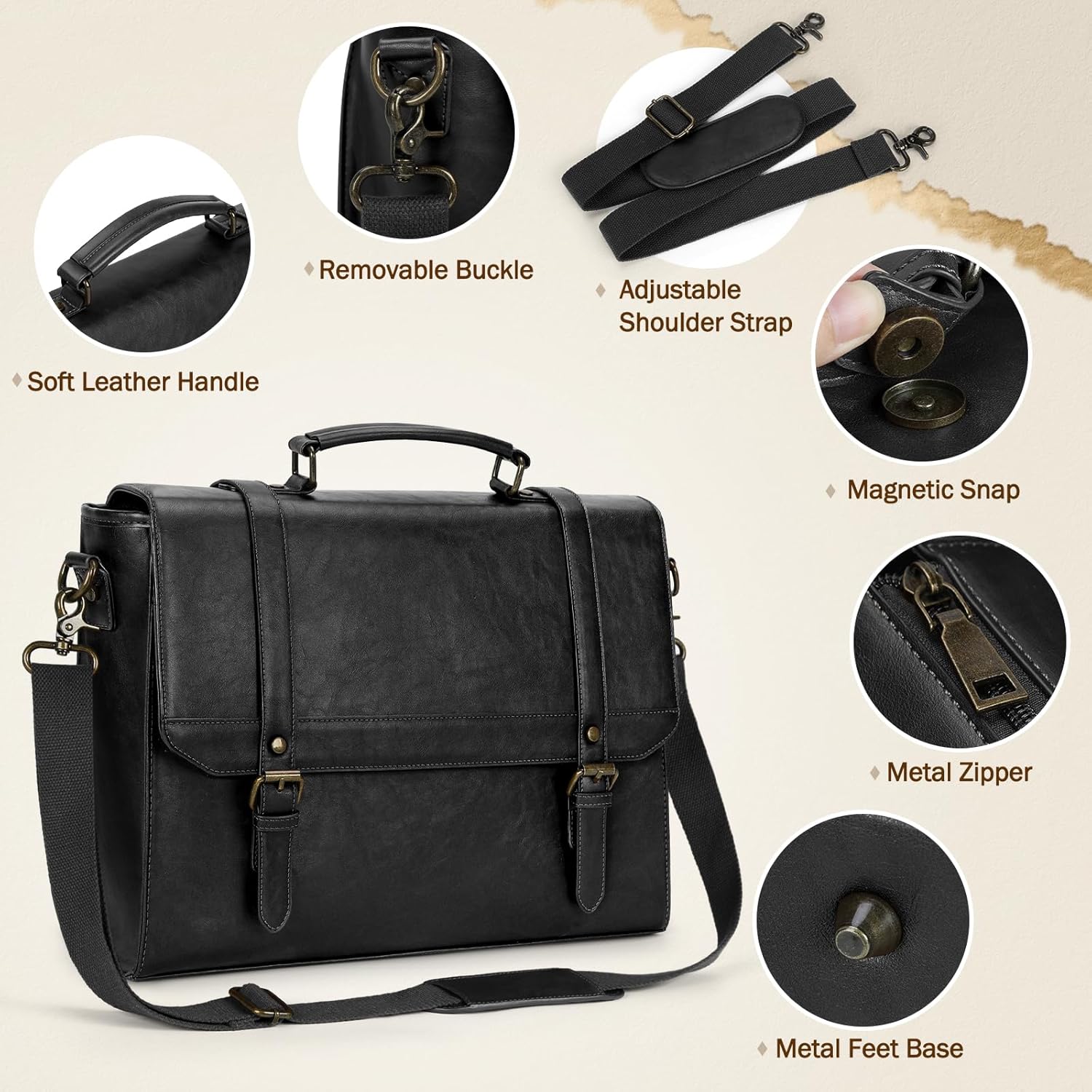IGOLUMON Messenger Bag for Men 15.6 inch Vintage Leather Waterproof Laptop Briefcase for Men Large Computer Laptop Bag Leather Satchel Bag Retro Shoulder Bag for Office Business Travel College, Black - Image 5