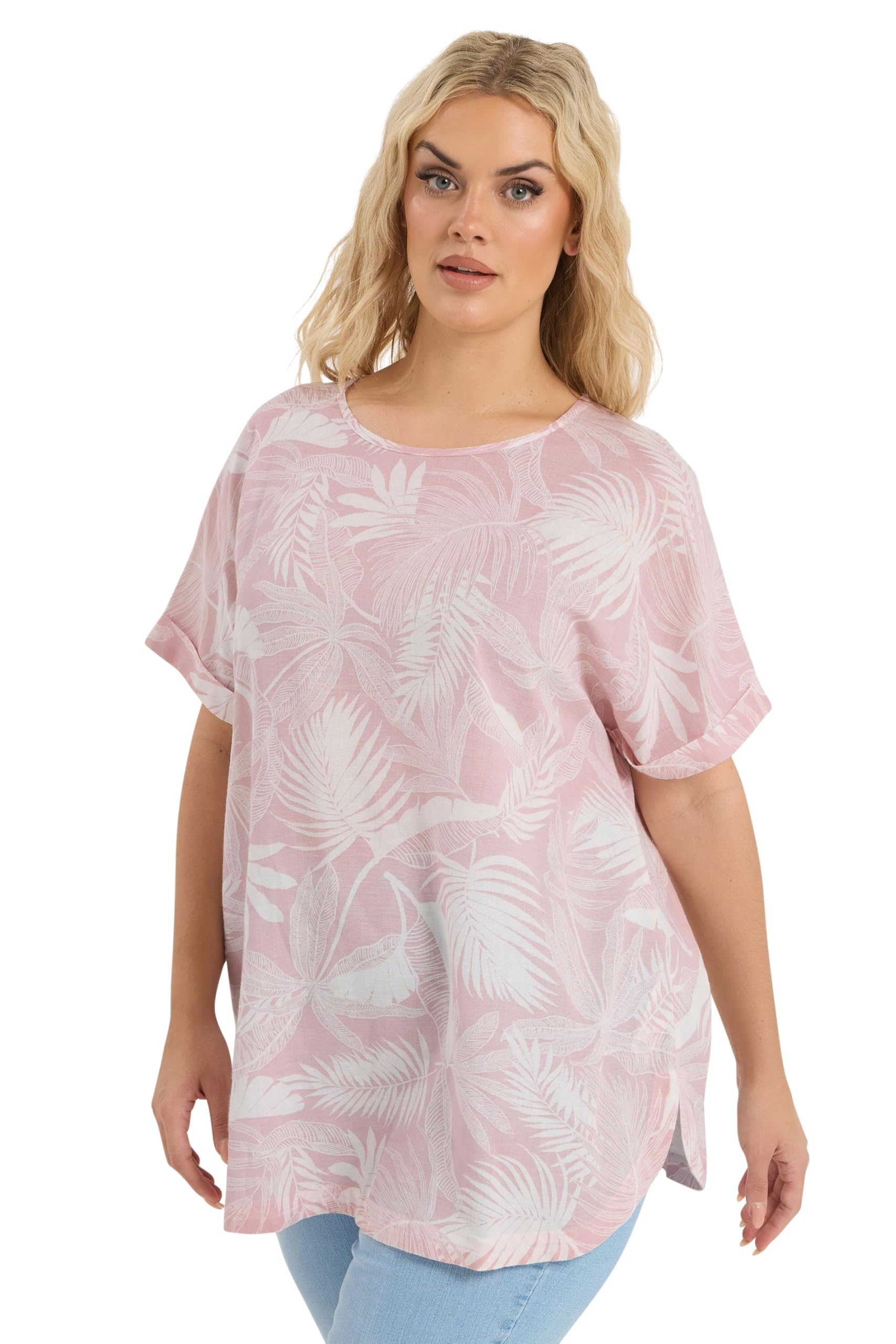 Yours Women's Light Pink Palm Leaf Linen Boxy T-Shirt In | : 26/28