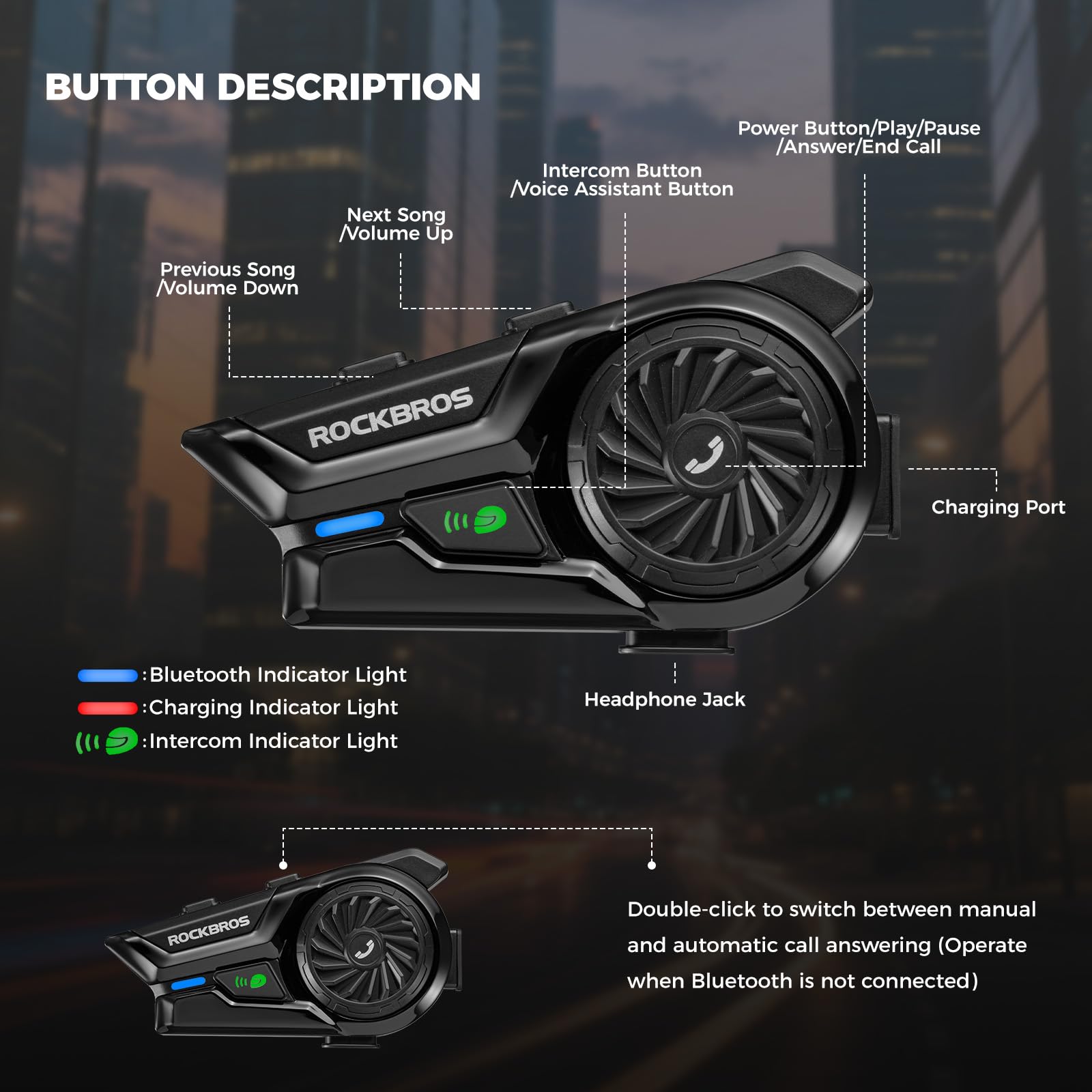 ROCKBROS Intercomunicador para Casco Moto Bluetooth, Auriculares con Sistema de Comunicación de 300 m, Llamadas Manos Libres, Asistente de Voz, Altavoces HD, IP56 Impermeable
