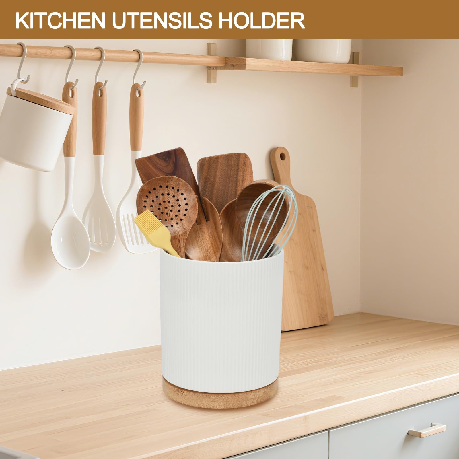 Moderner Küchenutensilienhalter aus Keramik, weißes geripptes Design mit Bambusboden, 360 Grad drehbar, 15,5 x 17,5 cm, Mehrzweck-Aufbewahrungsbehälter (weiß)