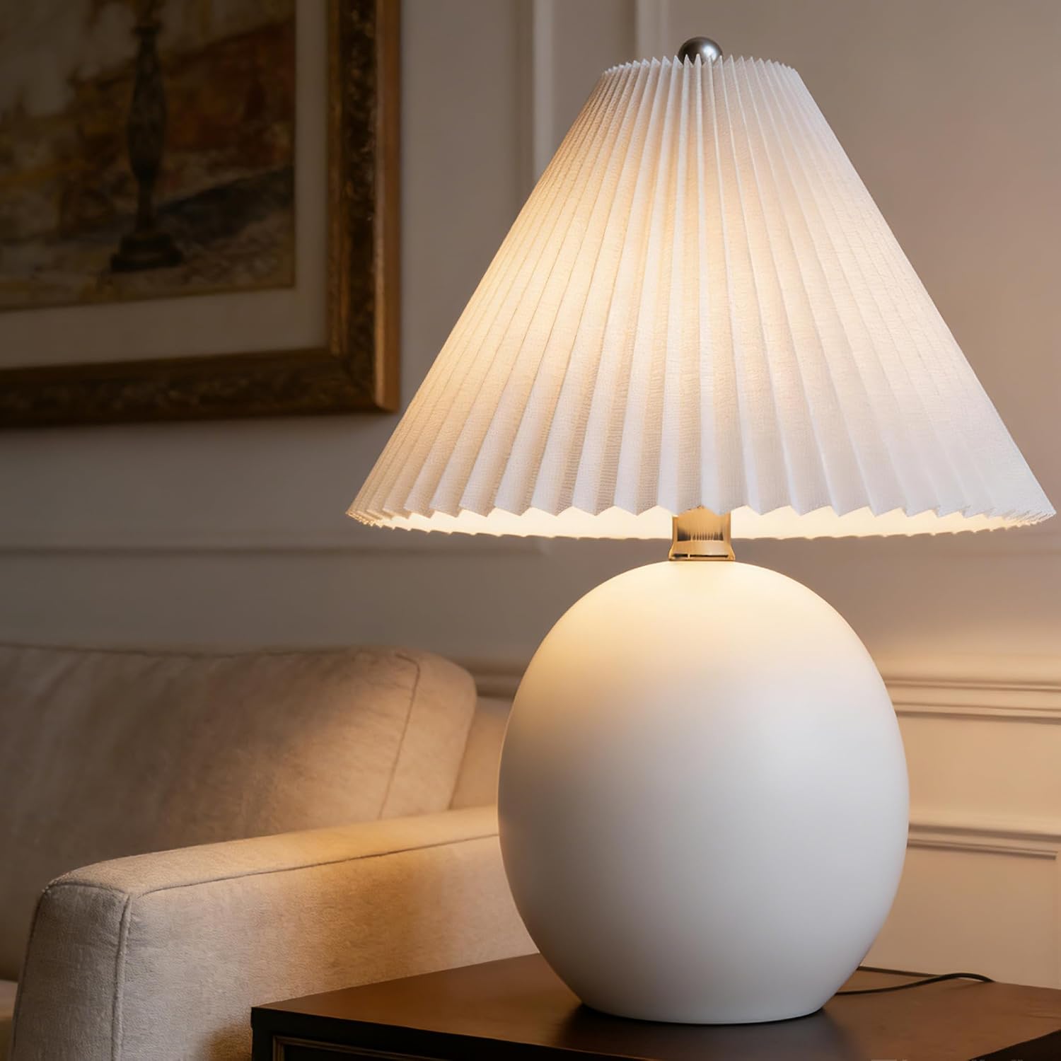 Maxax 20.5" Modern Ceramic Table Lamp for Living Room, White Globe Bedside Lamp with White Pleated Shade, Large Ceramic Bedroom Lamp for Nightstand