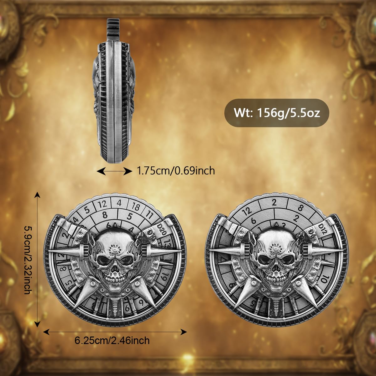Teschio Roulette Dadi Spinner, 7-in-1 Metallico Spinner Dadi DND, Teschio Fidget Spinners, Regali di D&D con Sacchetto Regalo Logo Drago, Giochi di Ruolo, Accessori per Giochi da Tavolo, Argento Scuro