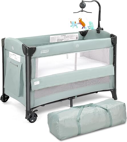 Miniatura 12 de JOYMOR Cuna para bebé, empacar y jugar con moisés y bolsa de transporte, se convierte en cama de noche con ruedas para niños y niñas (gris)