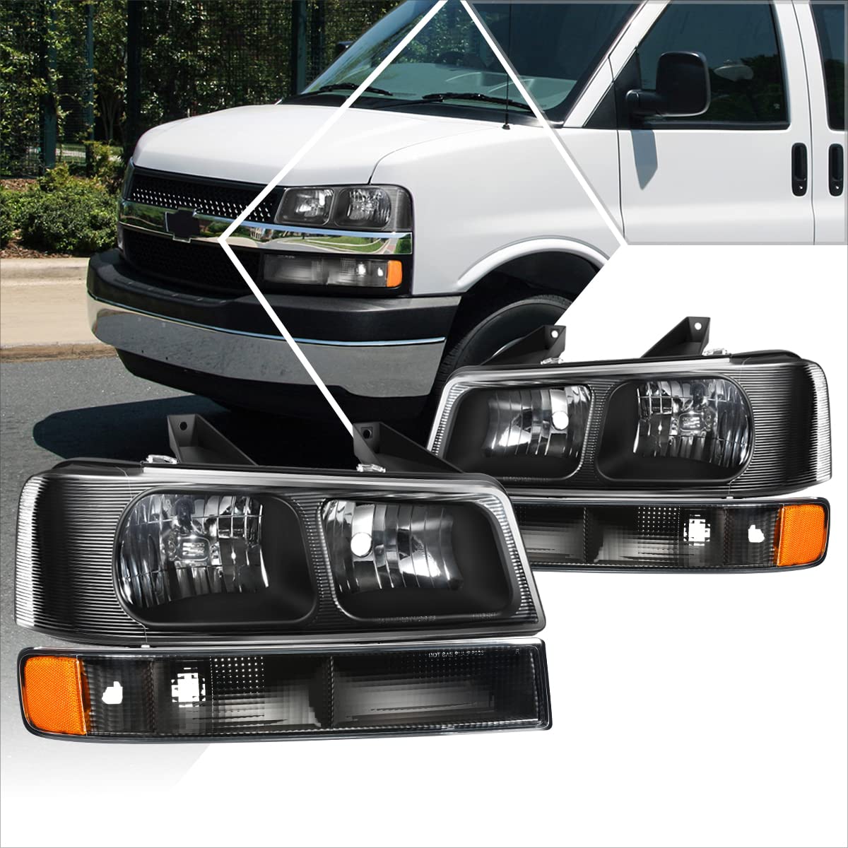 PM PERFORMOTOR Headlights Assembly+Bumper Lamps Compatible with 03-24 Chevy Express/GMC Savana,Black Housing/Amber Corner
