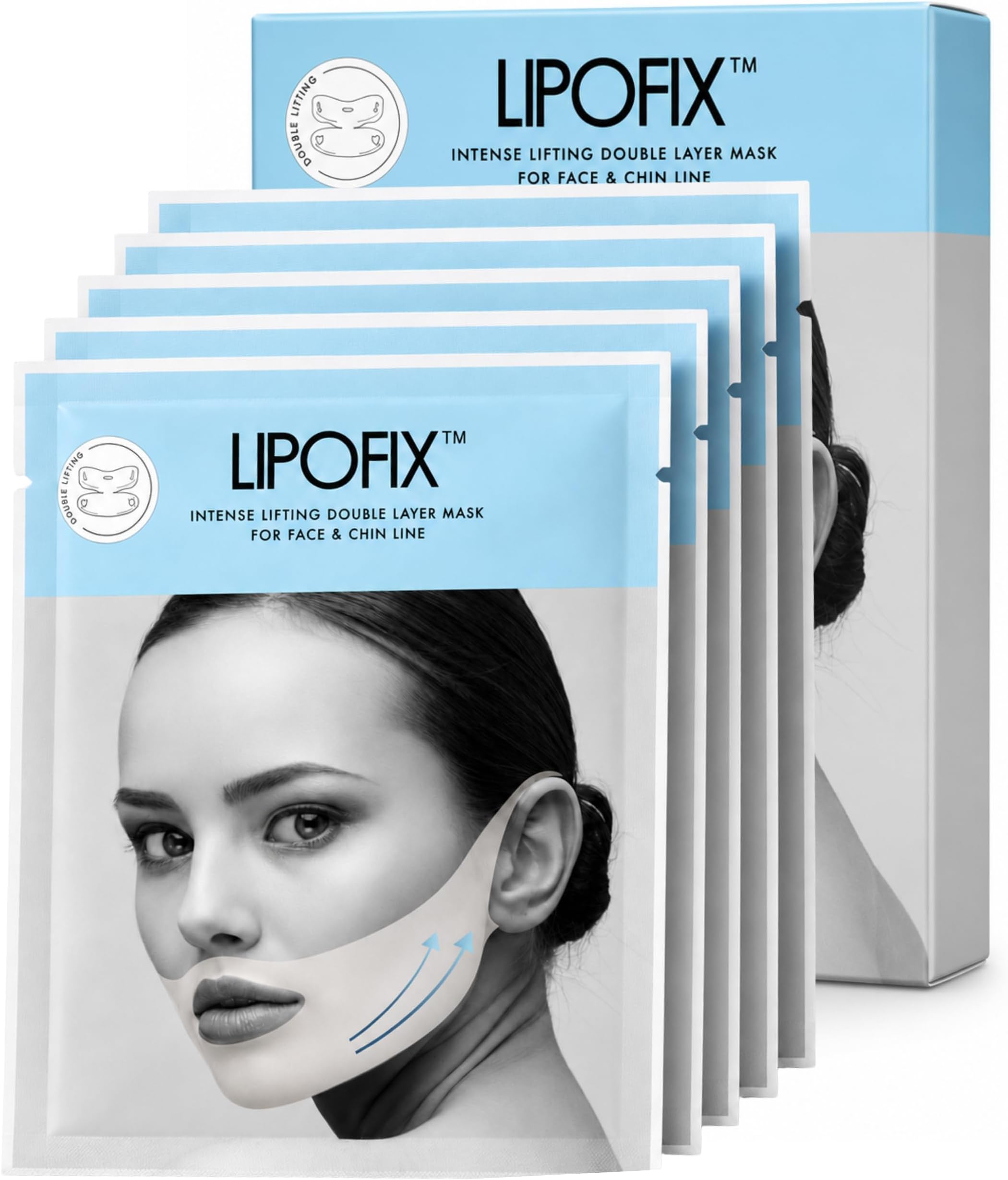 Chin Lifting Mask, V-Line Firming for Jawline and Neck, 5 Masks | Made in Korea Double chin firming and shaping collagen face lift mask, hands-free ear loops, hydrogel sheets