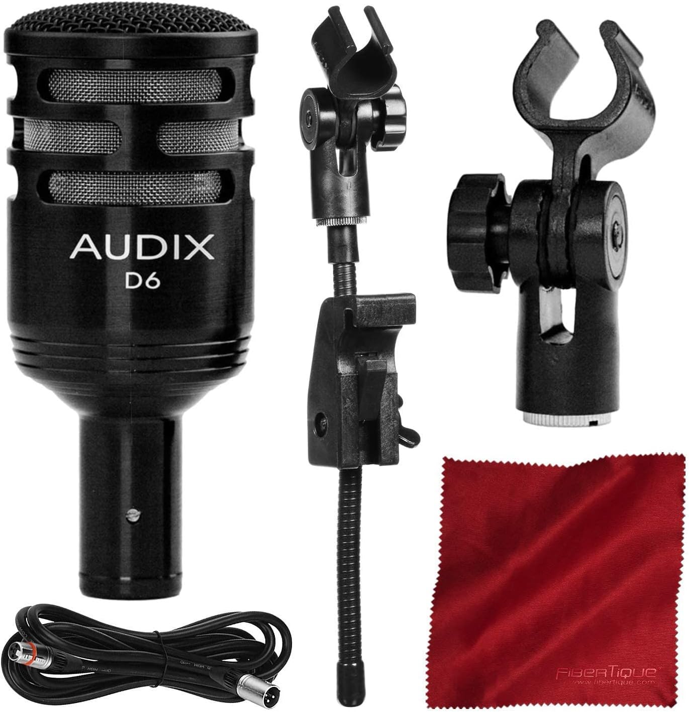 Audix D6 - Dynamic Cardioid Kick Drum Microphone Bundled with Audix D-Vice Spring-Loaded Rim-Mounted Clamp, XLR Cable, and Fibertique Cloth