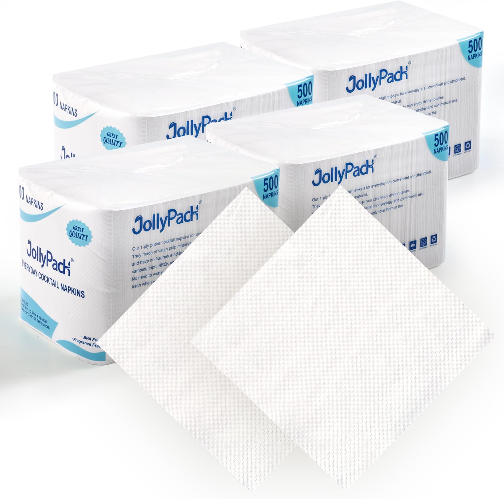 JollyPack 2000 Count White Beverage Napkins - 1-Ply 4.9 x 4.9 Folded Bulk Cocktail Napkins Paper, Lunch Paper for Restaurants, Bar and Party - 9.8 x 9.8 Unfolded