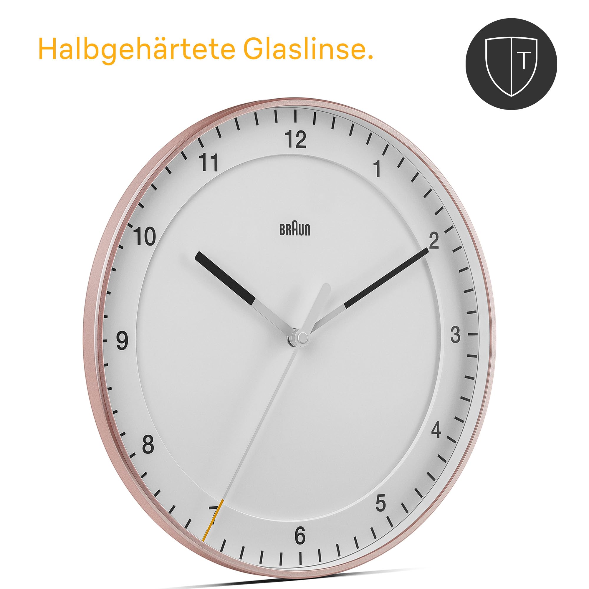 Braun Klassische große analoge Wanduhr geräuschlosem Sweep-Uhrwerk, leicht ablesbar, 30 cm Durchmesser in Rosé und Weiß, Modell BC17PW.