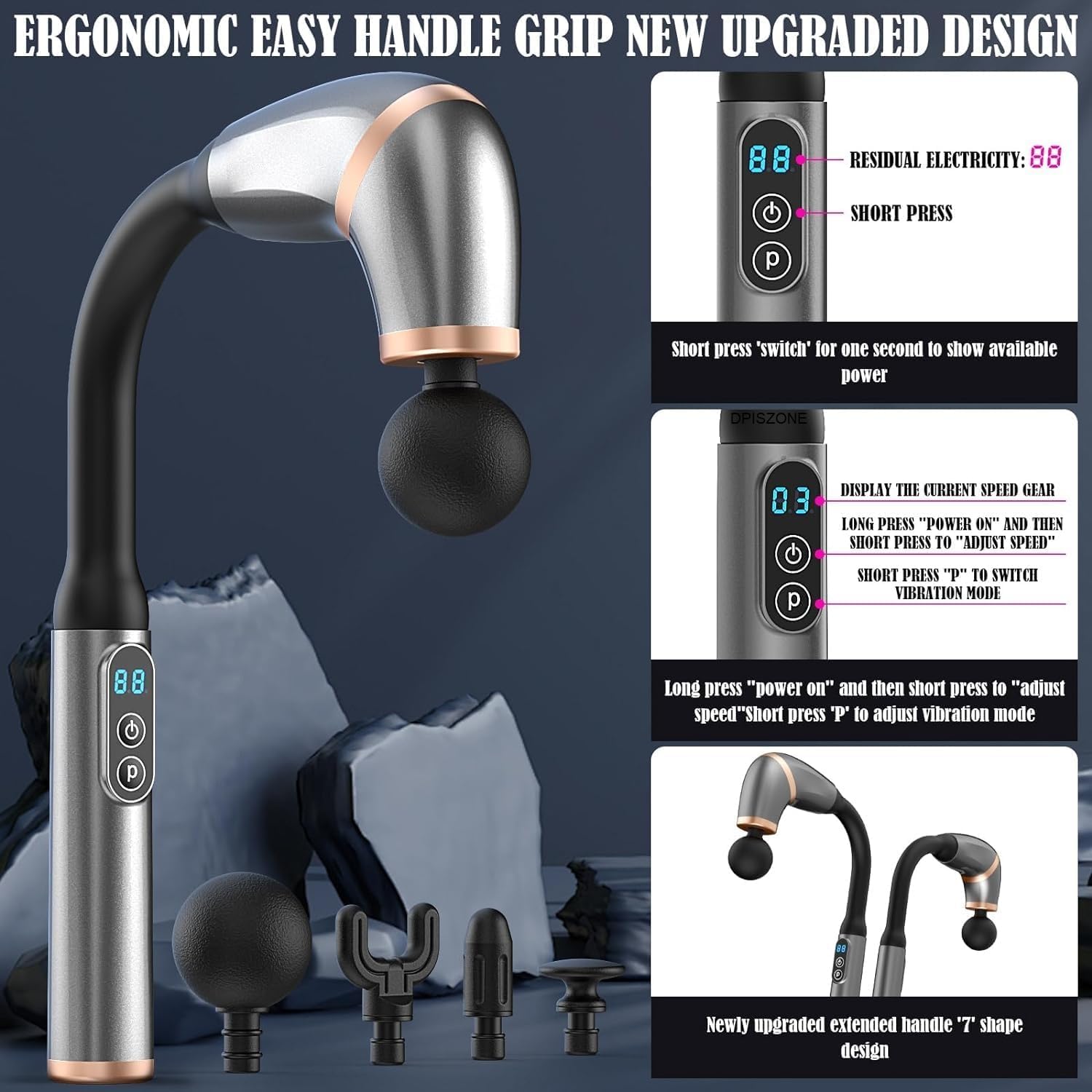 Massage Gun with Extension Handle, Percussion Massage Gun for Pain Relief, Deep Tissue Handheld Muscle Massager for Back, Neck, Shoulder, Legs&Whole Body Massage Gun with Extension Handle, Percussion Massage Gun for Pain Relief, Deep Tissue Handheld Muscle Massager for Back, Neck, Shoulder, Legs&Whole Body