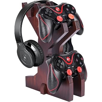 Game Controller Holder Headset Stand 2 Tier Universal Controller Gaming PC Accessories Storage Rack Headphone Stand for PS4 PS5 Xbox Series Wood