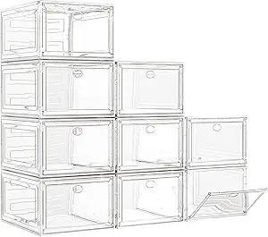 7 code Large Clear Shoe Boxes Organizer【Thicker Material】 Stronger Shoe Box with Magnetic Door, Stackable Shoe Storage Box for Closet, Foldable Space-Saving Storage Bins Shoe Cabinet, White 9 Pack