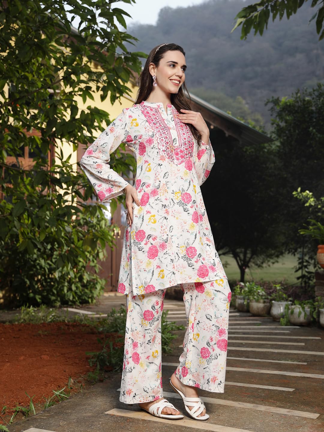 Stylum Women's Floral Printed & Embroidered Rayon Straight Kurta Palazzo Set (Kpmultikayali36_Multi, S)